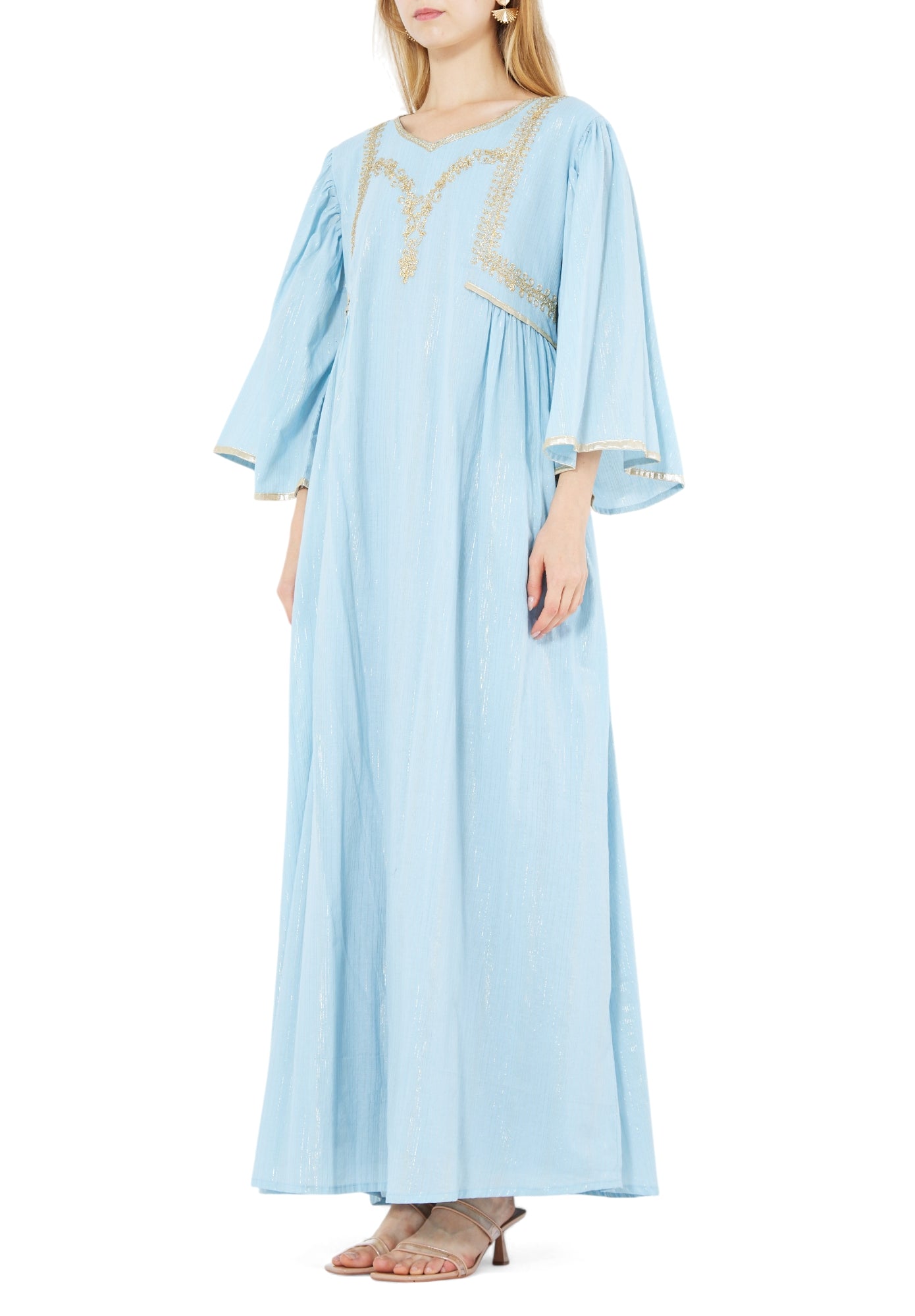 Stunning Embroidered Chiffon Long Dress With Sweetheart Neckline And Flared Sleeves