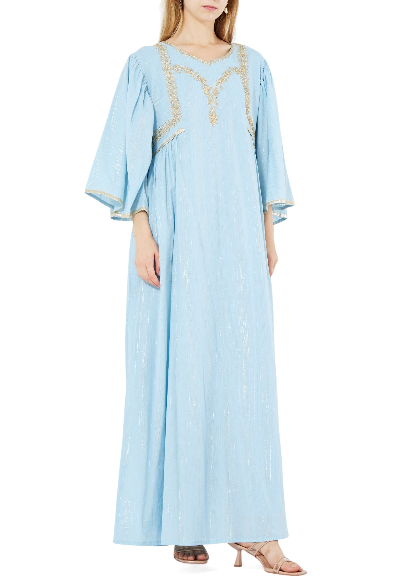 Stunning Embroidered Chiffon Long Dress With Sweetheart Neckline And Flared Sleeves
