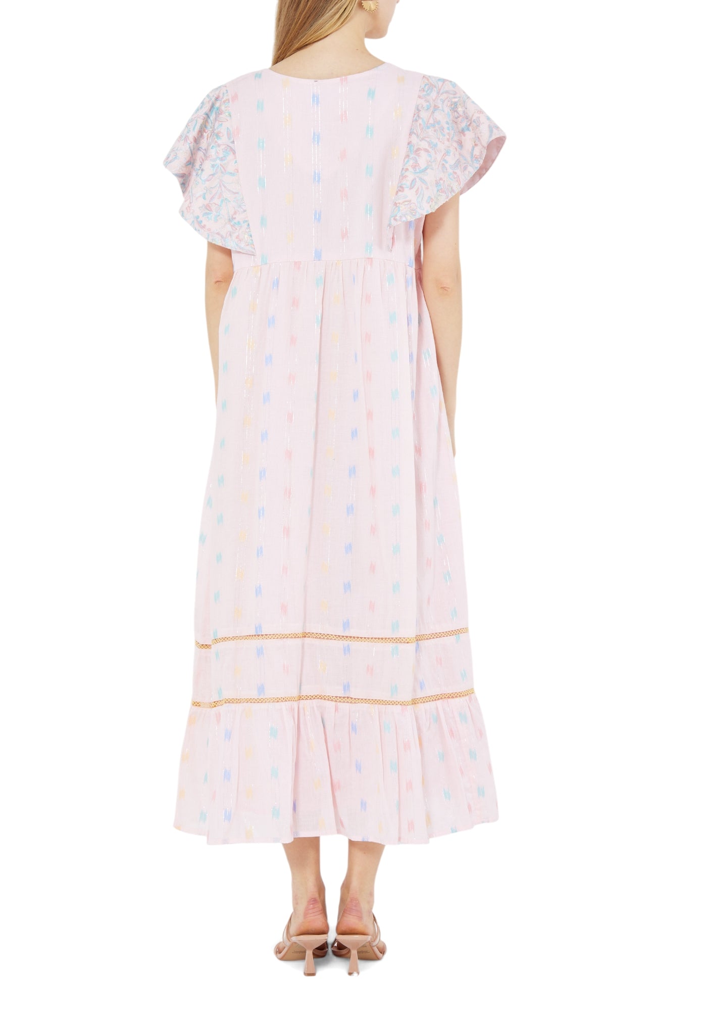 Beautiful Embroidered Midi Dress With V-Neckline With Ruffled Sleeves