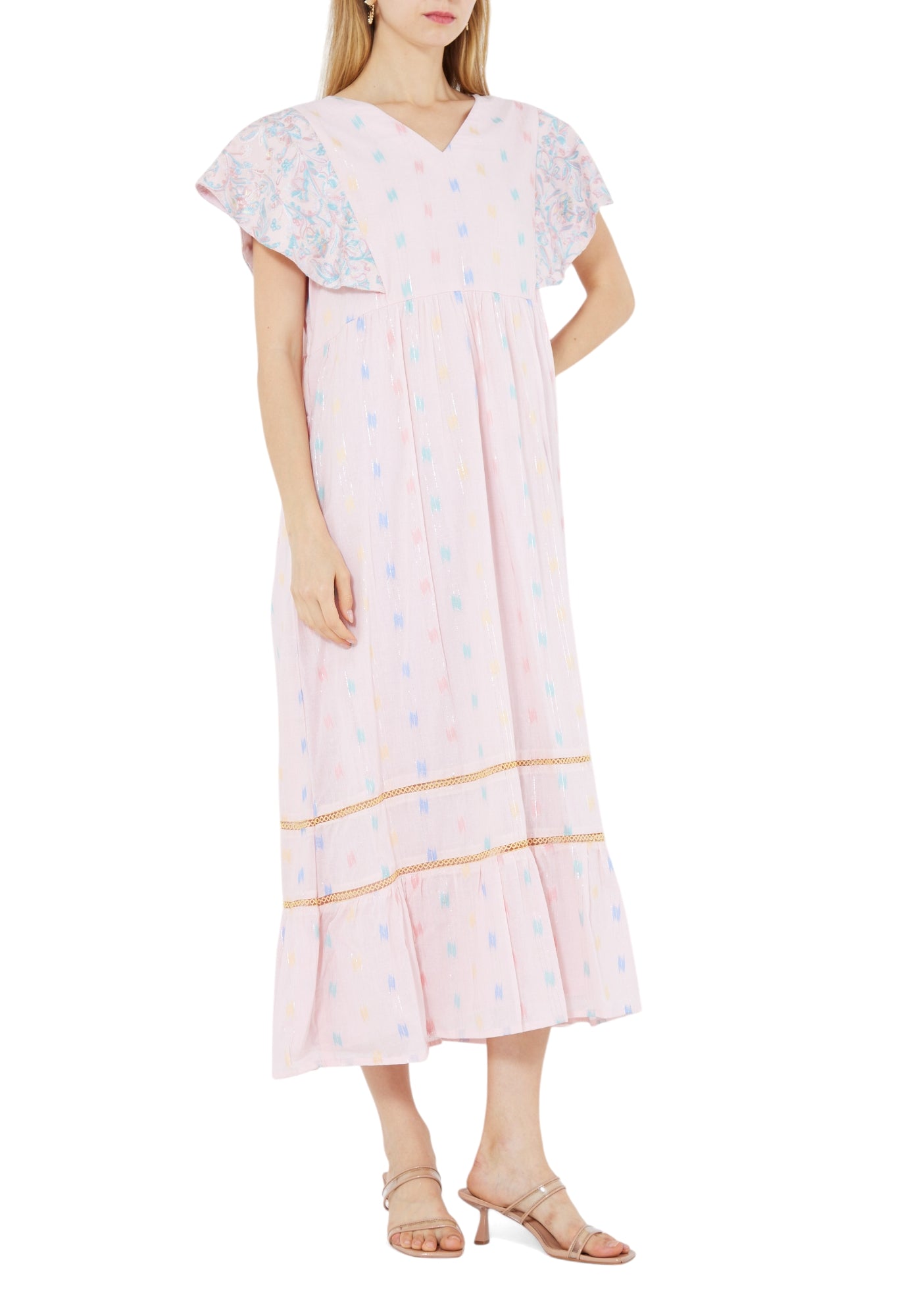 Beautiful Embroidered Midi Dress With V-Neckline With Ruffled Sleeves