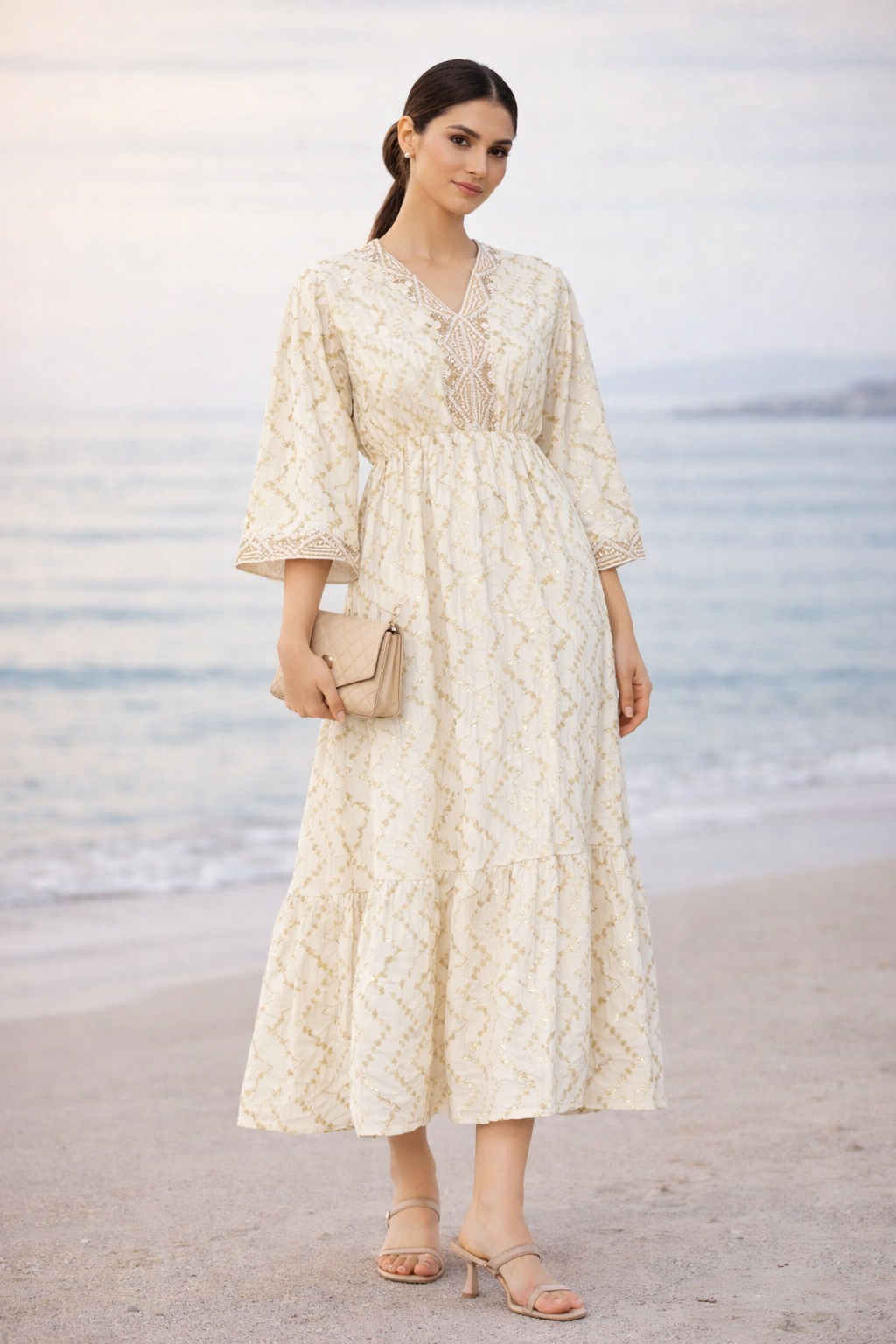 Stunning Embroidered Midi Dress With V-Neckline And Half Sleeves