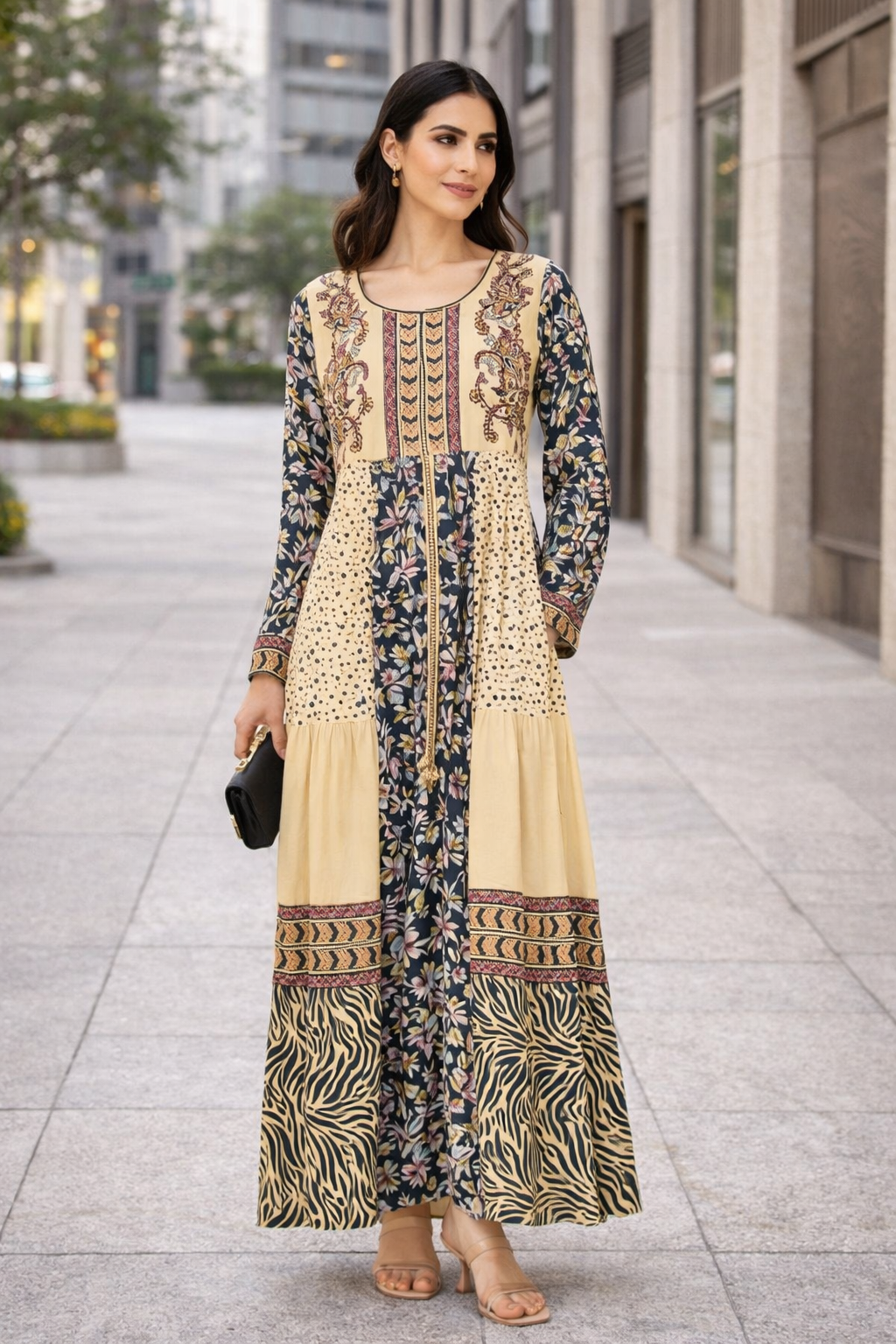 Printed Long Dress With Round Neckline And Long Sleeves