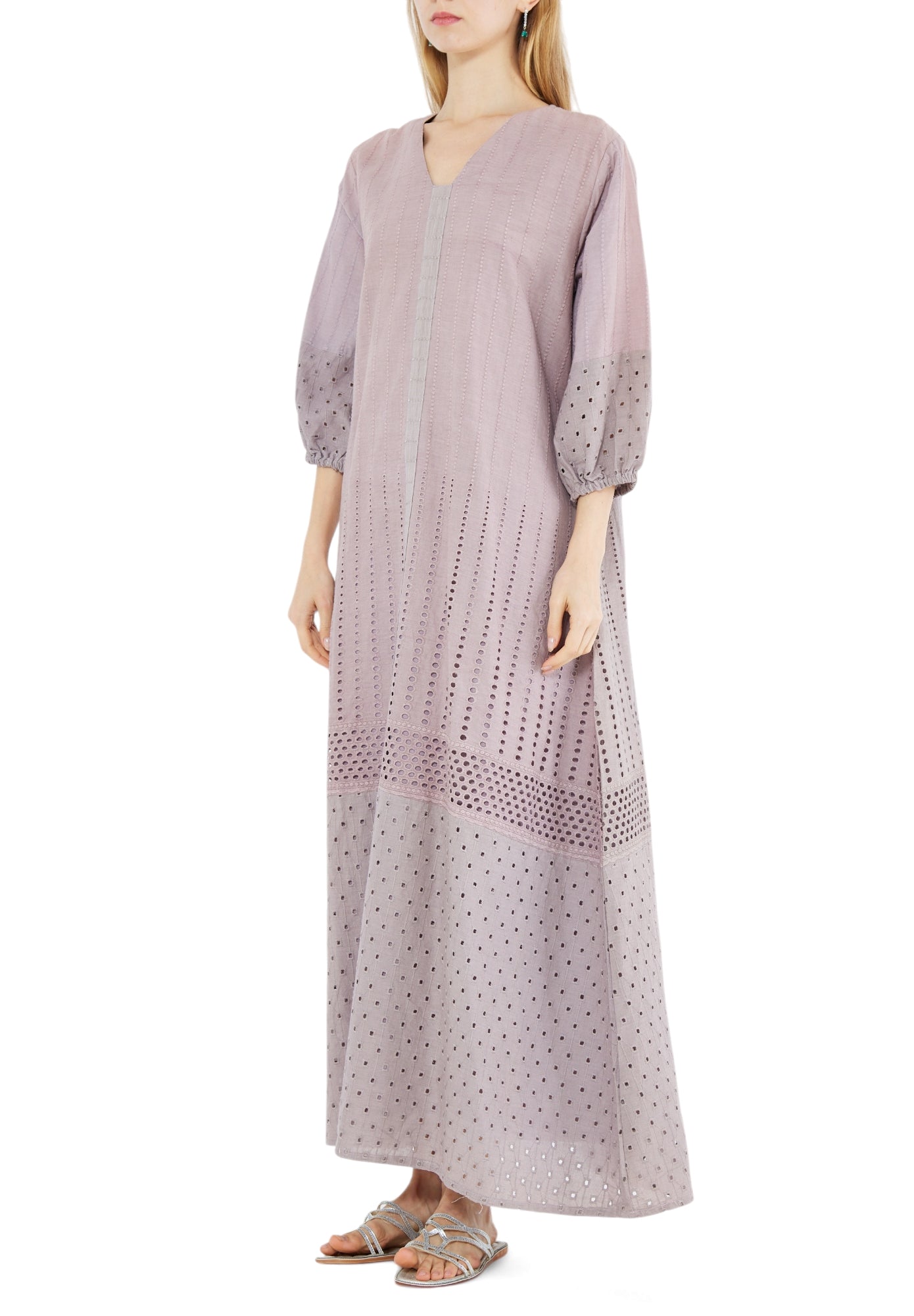 Beautiful Self Designed Linen Long Dress With V-Neckline And Puff Sleeves