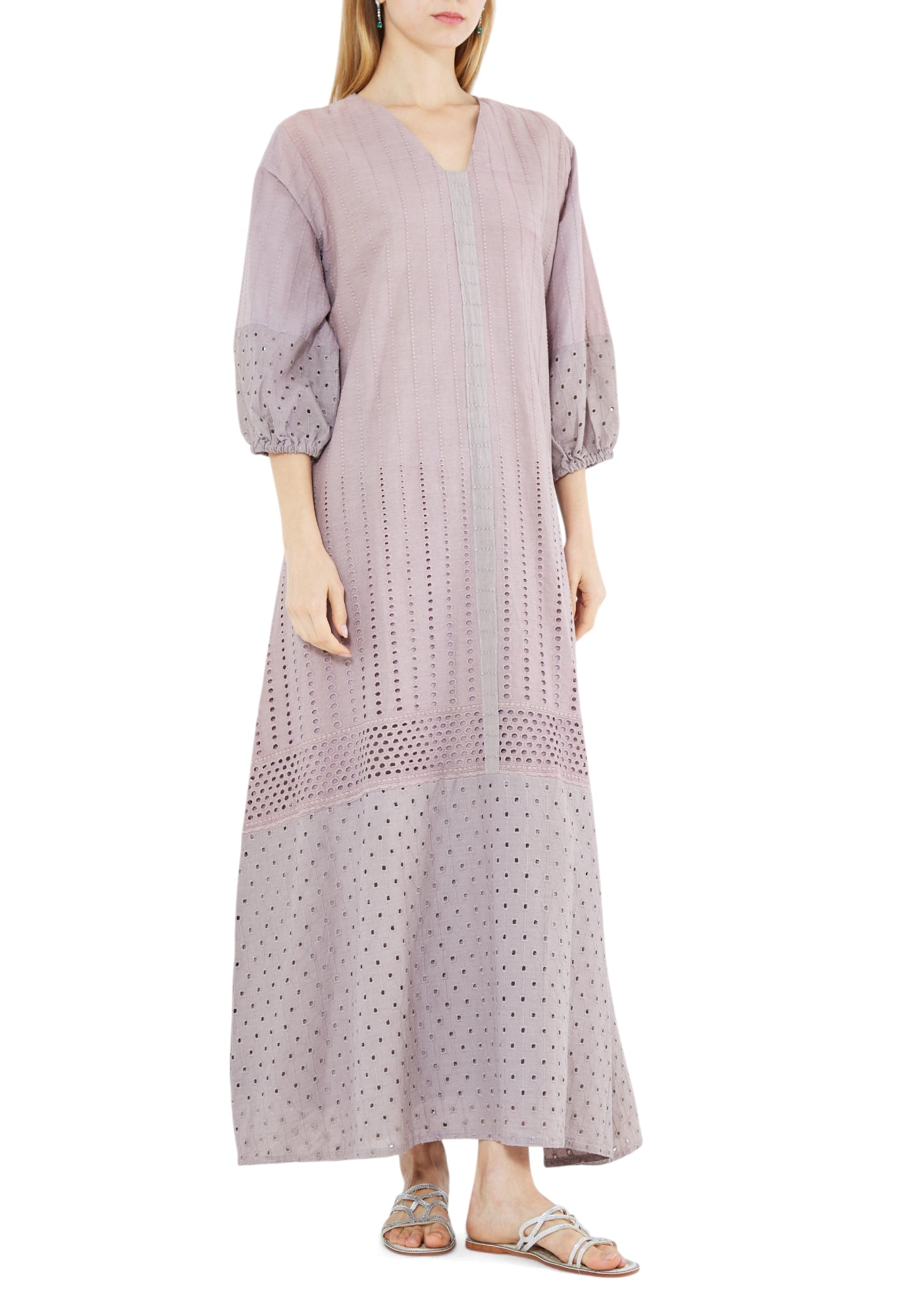 Beautiful Self Designed Linen Long Dress With V-Neckline And Puff Sleeves