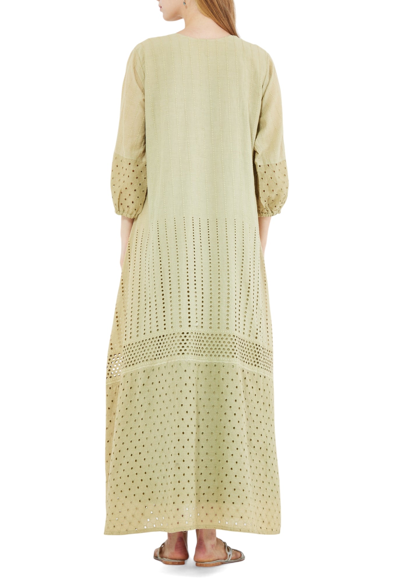 Beautiful Self Designed Linen Long Dress With V-Neckline And Puff Sleeves