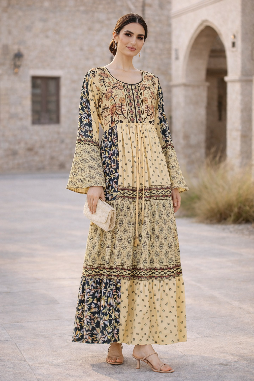 Beautiful Printed Long Dress With Embroidery Details And Round Neckline With Bell Sleeves