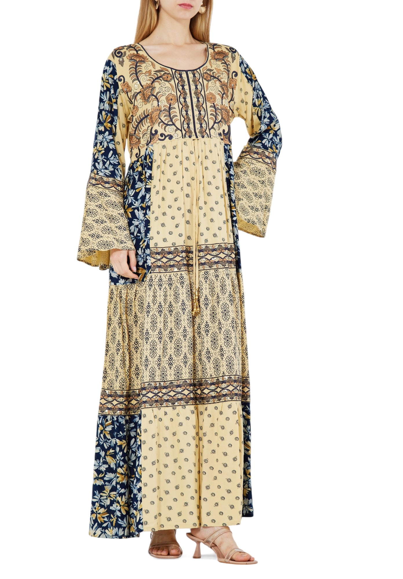 Beautiful Printed Long Dress With Embroidery Details And Round Neckline With Bell Sleeves