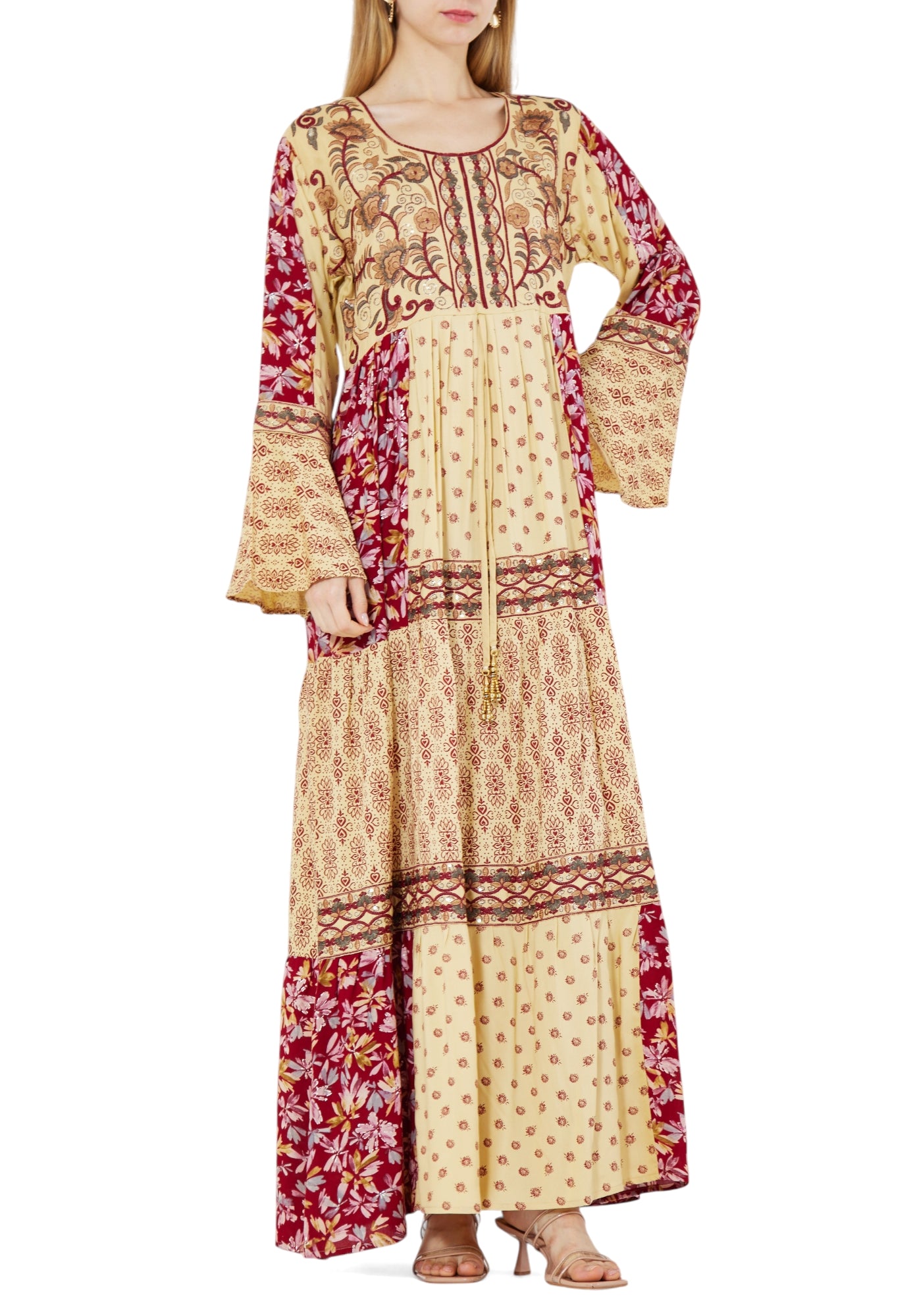 Beautiful Printed Long Dress With Embroidery Details And Round Neckline With Bell Sleeves