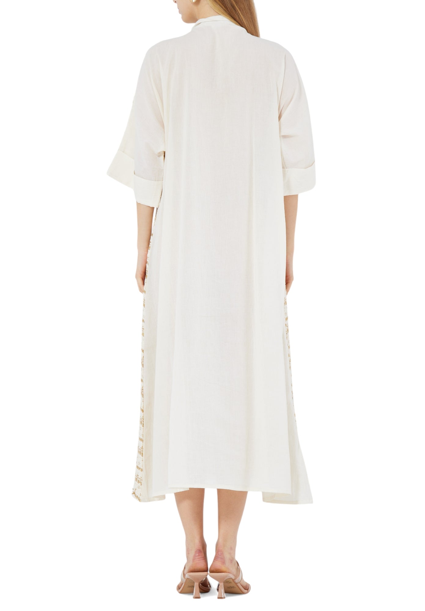 Beautiful Embroidered Midi Dress With Mandarin Collar Neckline And Half Sleeves