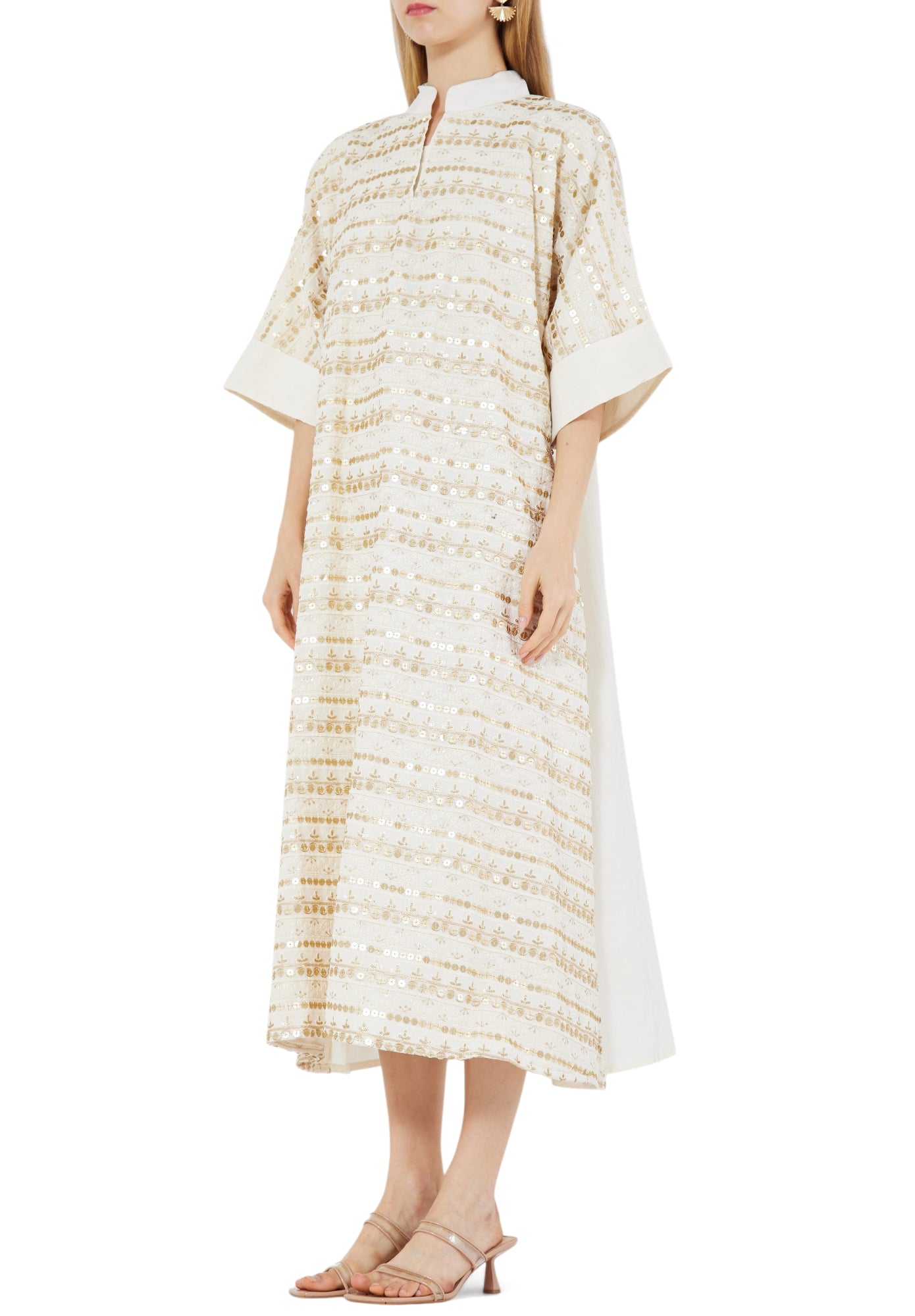 Beautiful Embroidered Midi Dress With Mandarin Collar Neckline And Half Sleeves