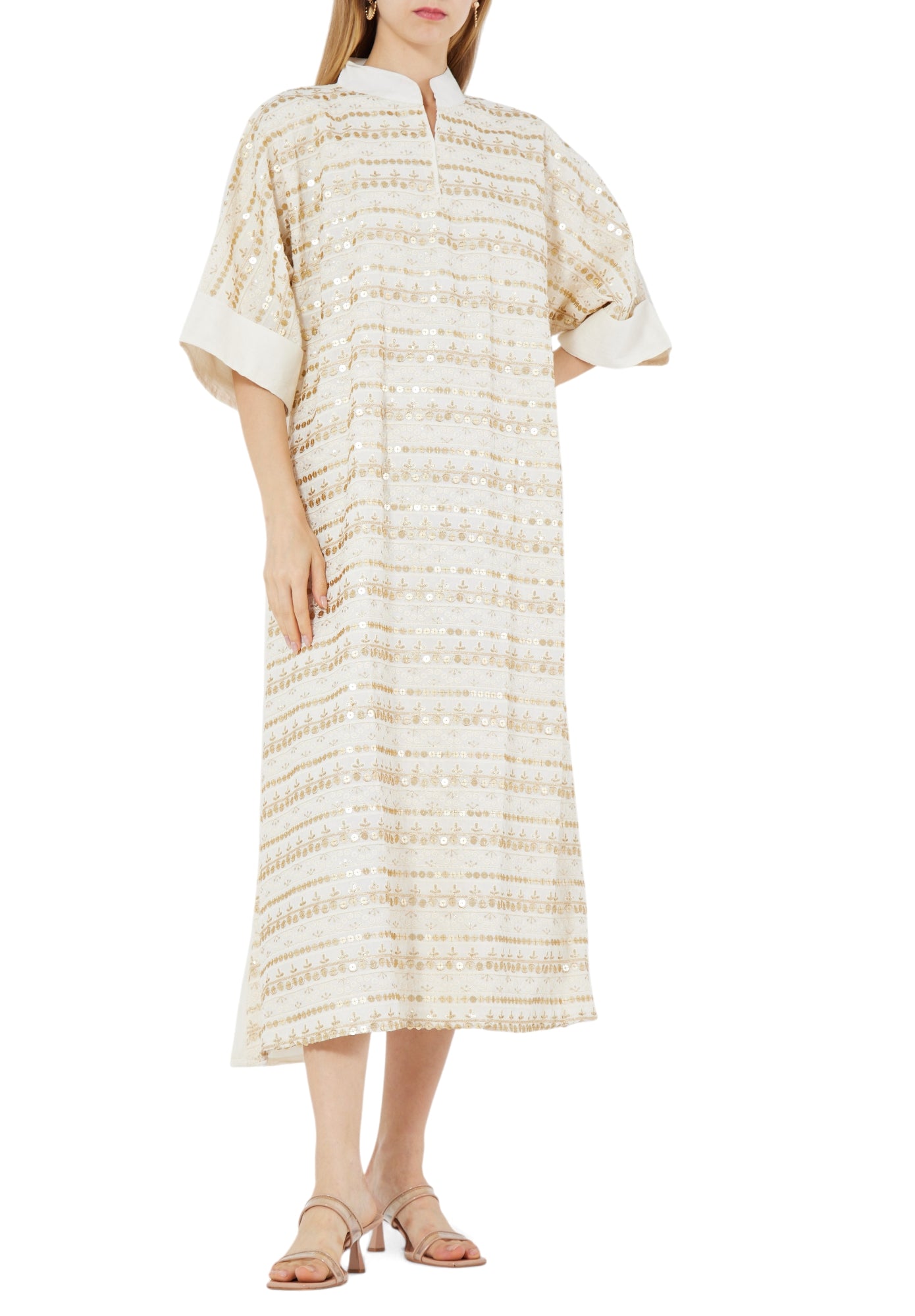 Beautiful Embroidered Midi Dress With Mandarin Collar Neckline And Half Sleeves