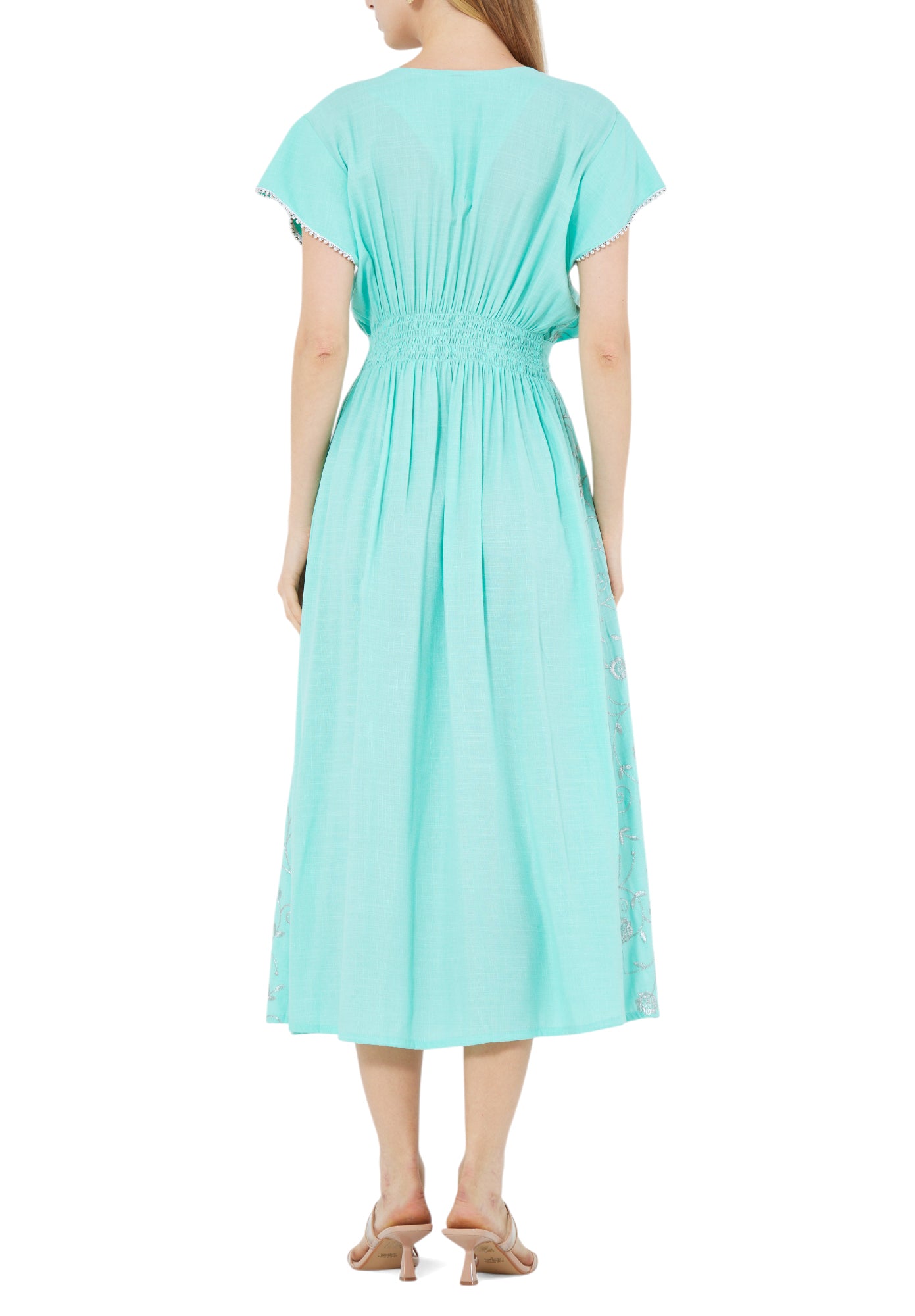 Stunning Embroidered Midi Dress With V-Neckline And Short Sleeves