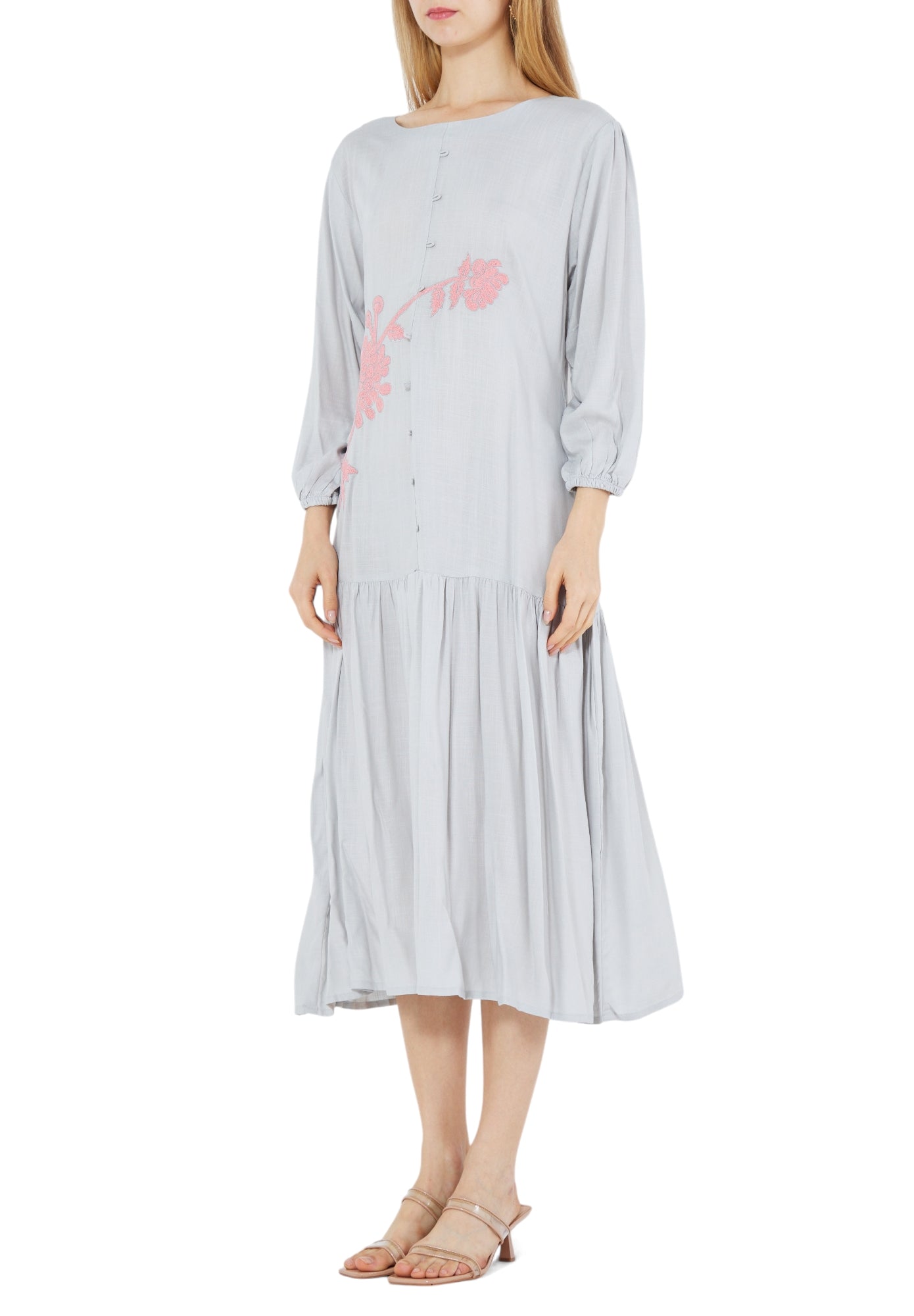 Simple Embroidered Frilled Midi Dress With Round Neckline And Long Sleeves