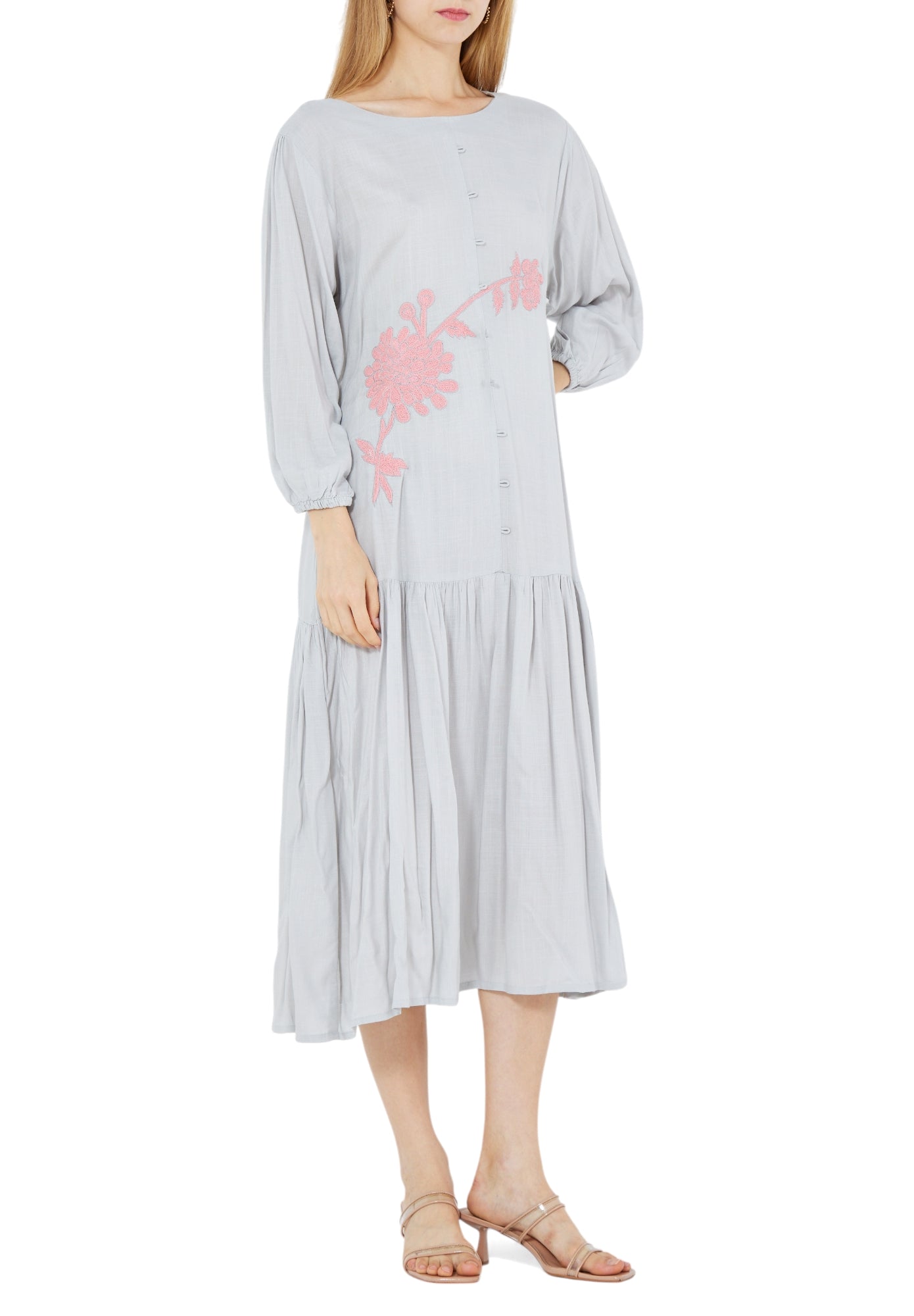 Simple Embroidered Frilled Midi Dress With Round Neckline And Long Sleeves