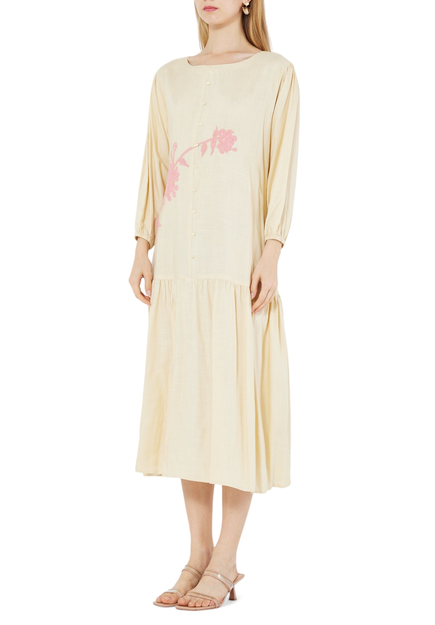 Simple Embroidered Frilled Midi Dress With Round Neckline And Long Sleeves