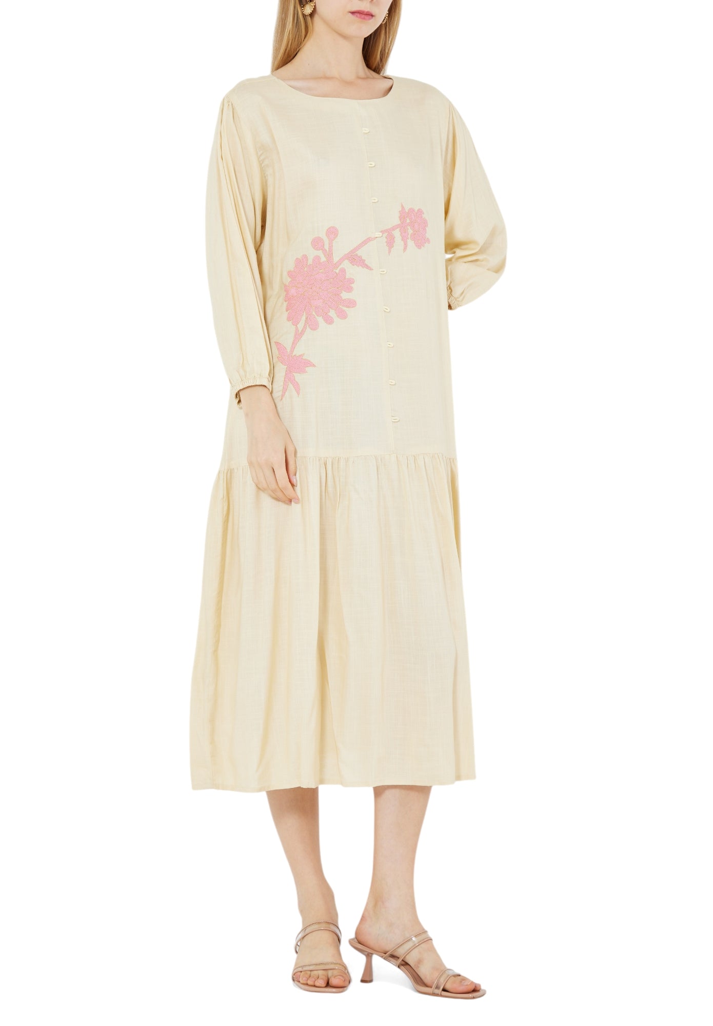 Simple Embroidered Frilled Midi Dress With Round Neckline And Long Sleeves