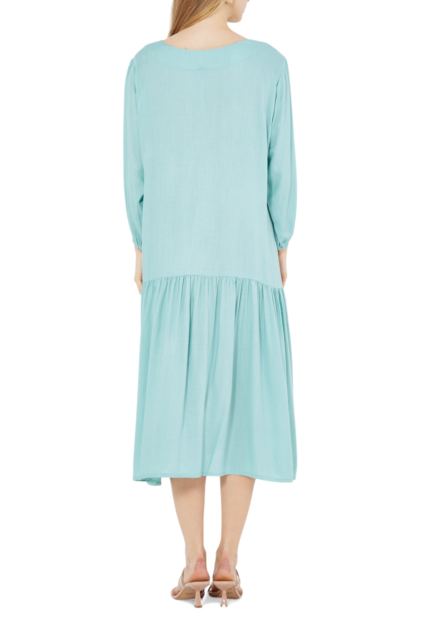 Simple Embroidered Frilled Midi Dress With Round Neckline And Long Sleeves