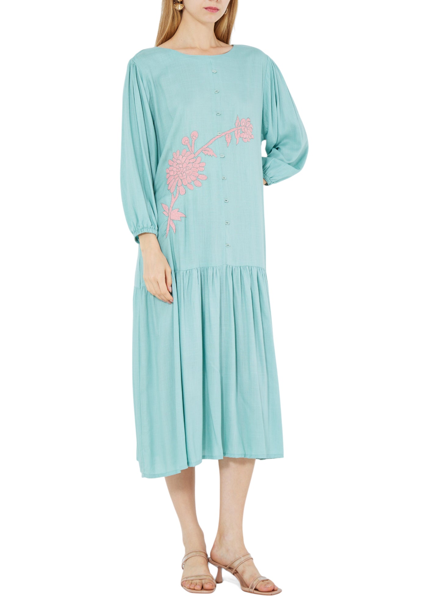 Simple Embroidered Frilled Midi Dress With Round Neckline And Long Sleeves