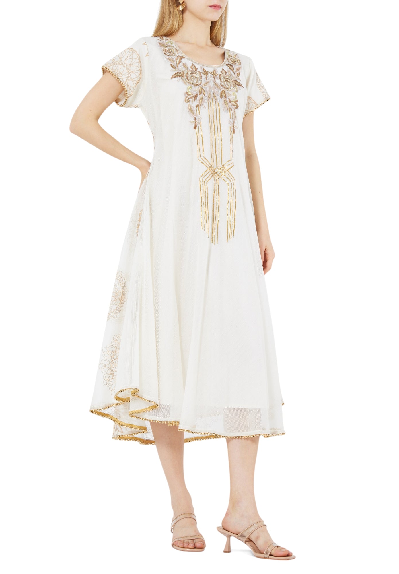Beautiful Chiffon Embroidered Midi dress With Round Neckline And Short Sleeves