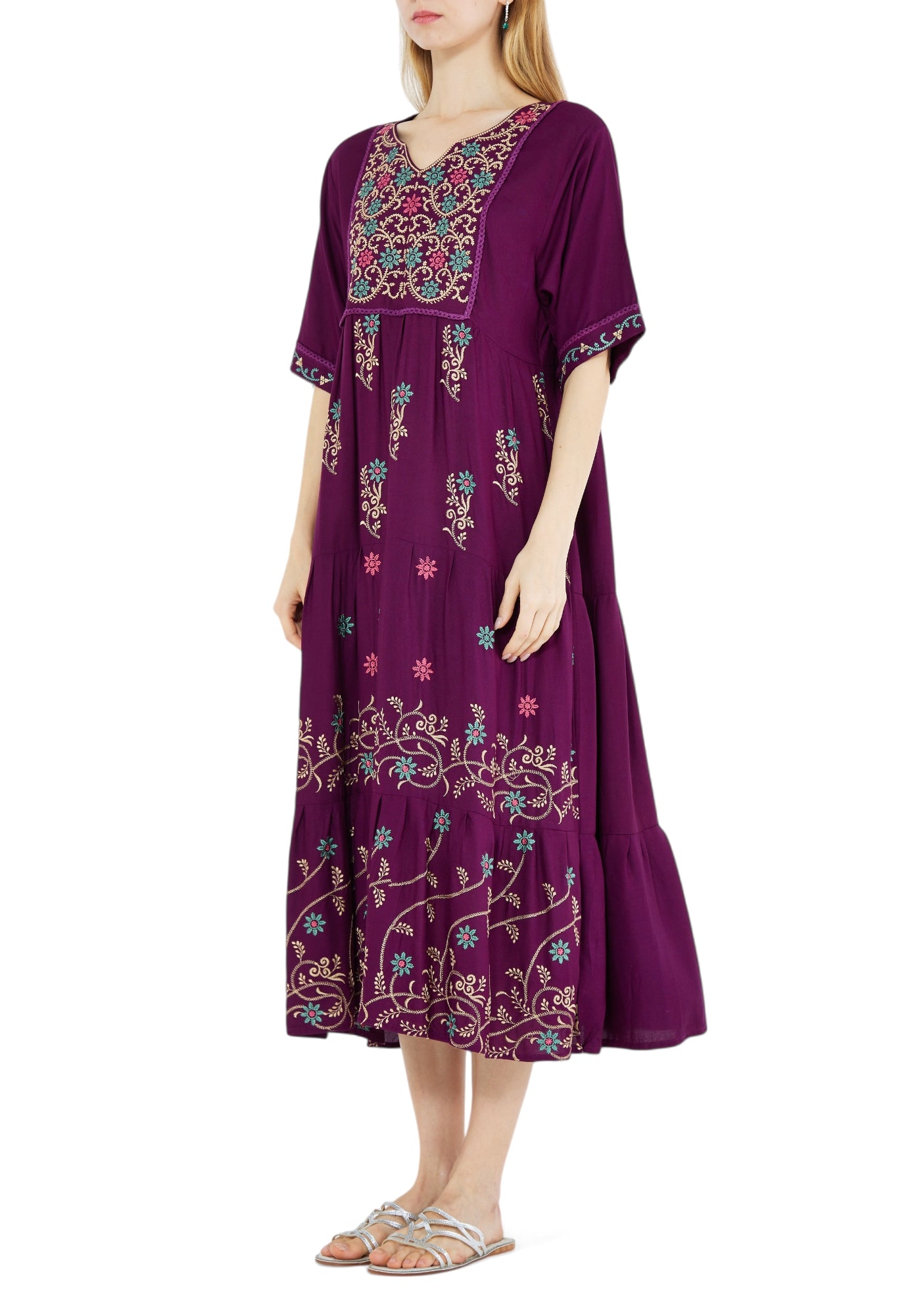 Stunning Embroidered Midi Dress With V-Neckline And Half Sleeves