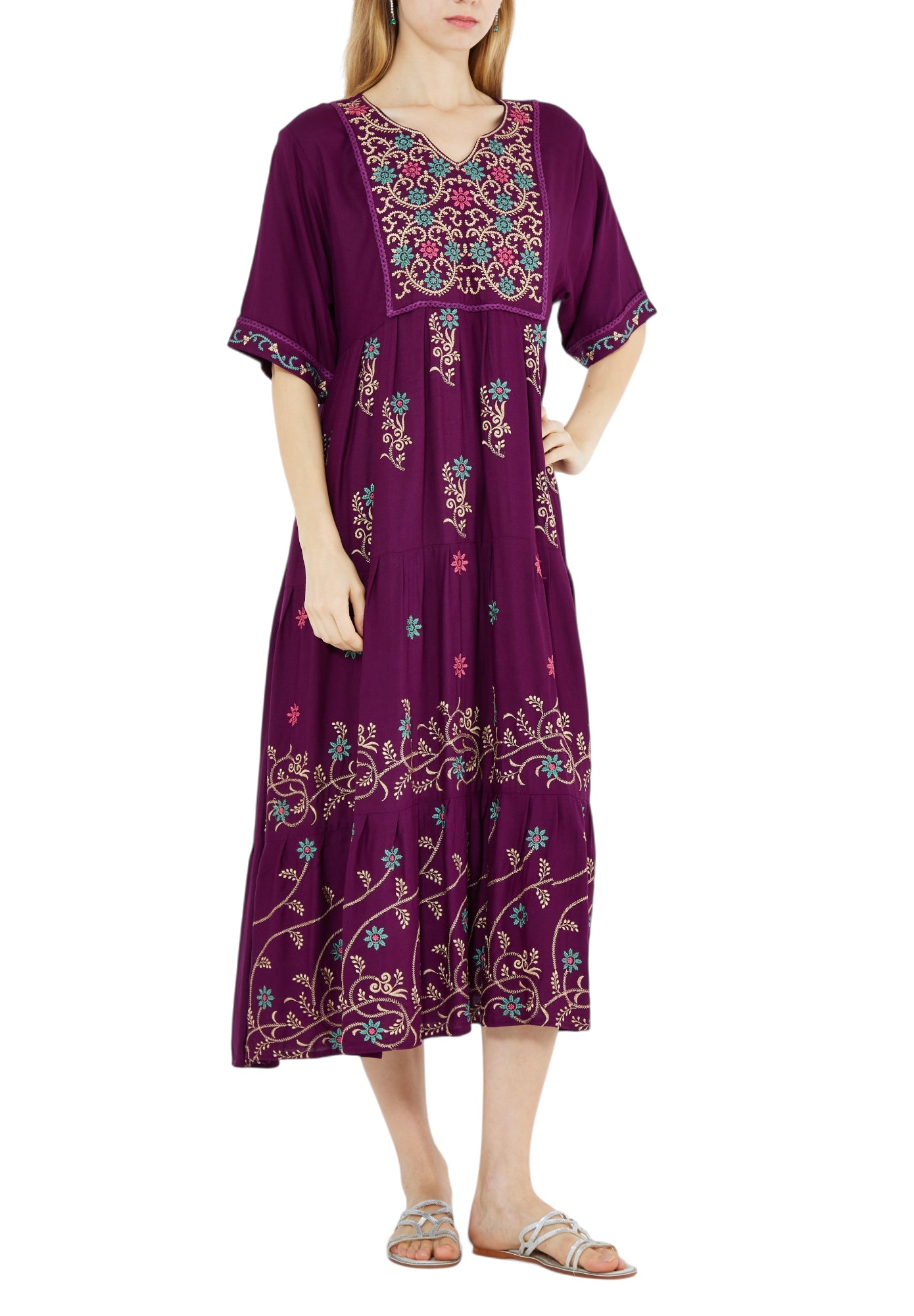Stunning Embroidered Midi Dress With V-Neckline And Half Sleeves