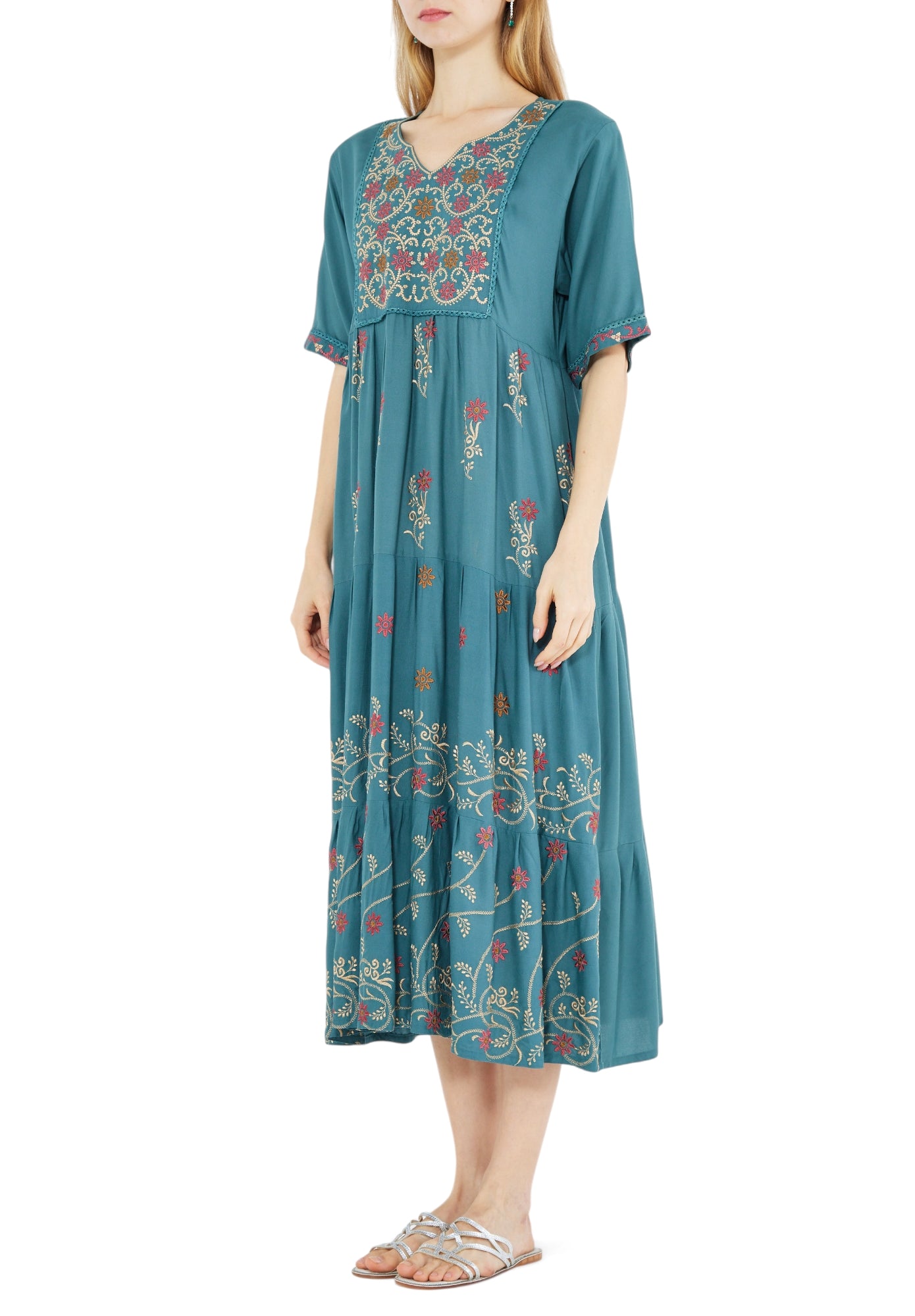 Stunning Embroidered Midi Dress With V-Neckline And Half Sleeves