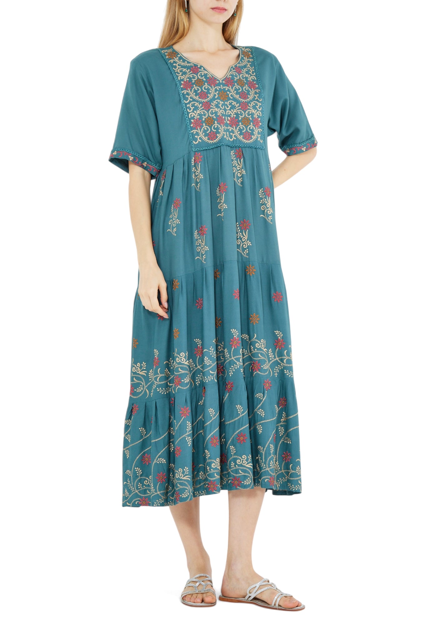 Stunning Embroidered Midi Dress With V-Neckline And Half Sleeves