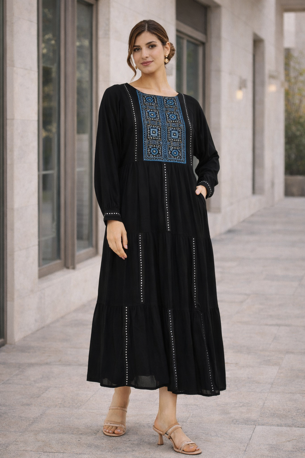 Simple And Elegant Linen Embroidered Midi Dress