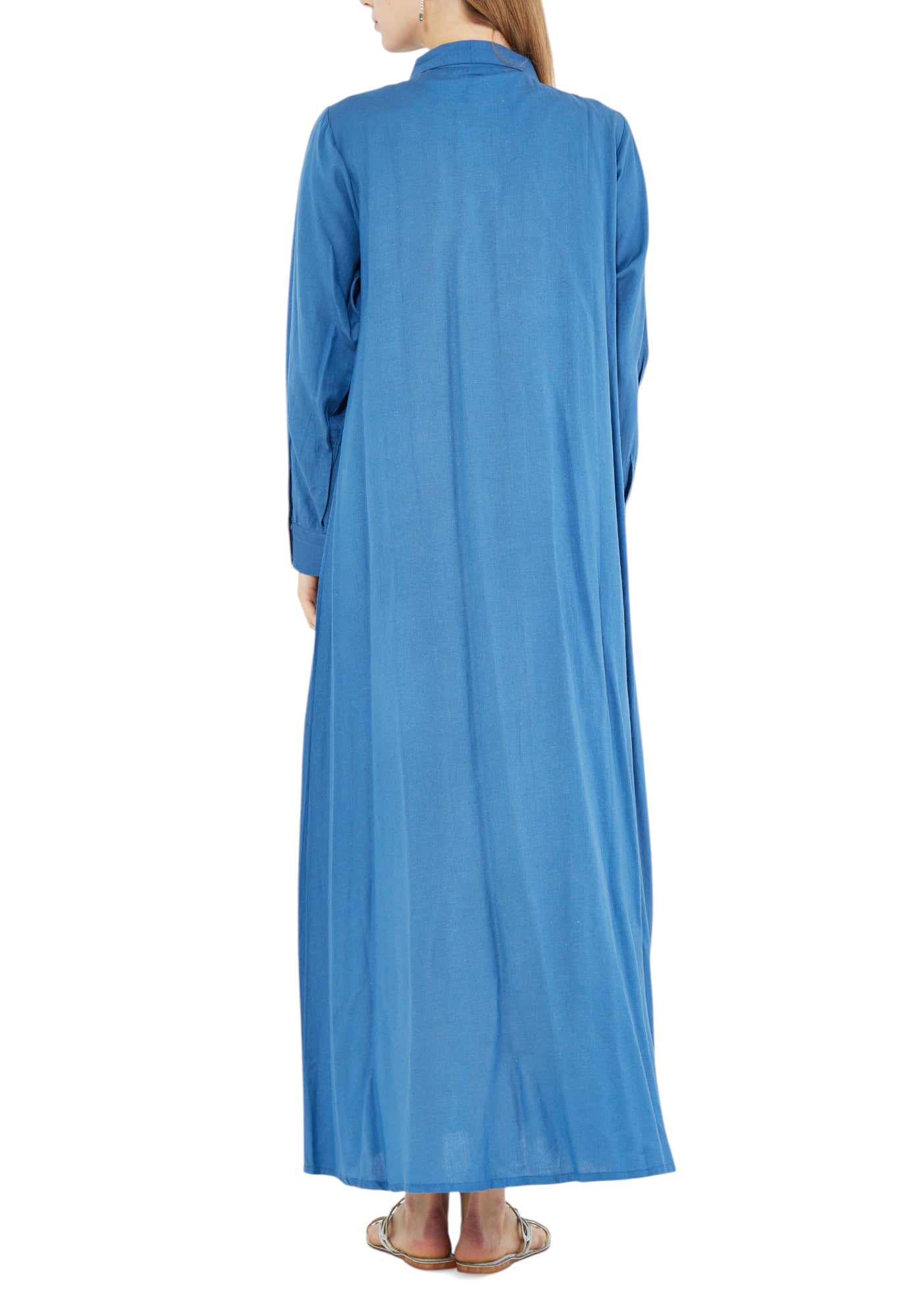 Simple And Elegant Linen Long Dress With Collared Neckline And Long Sleeves