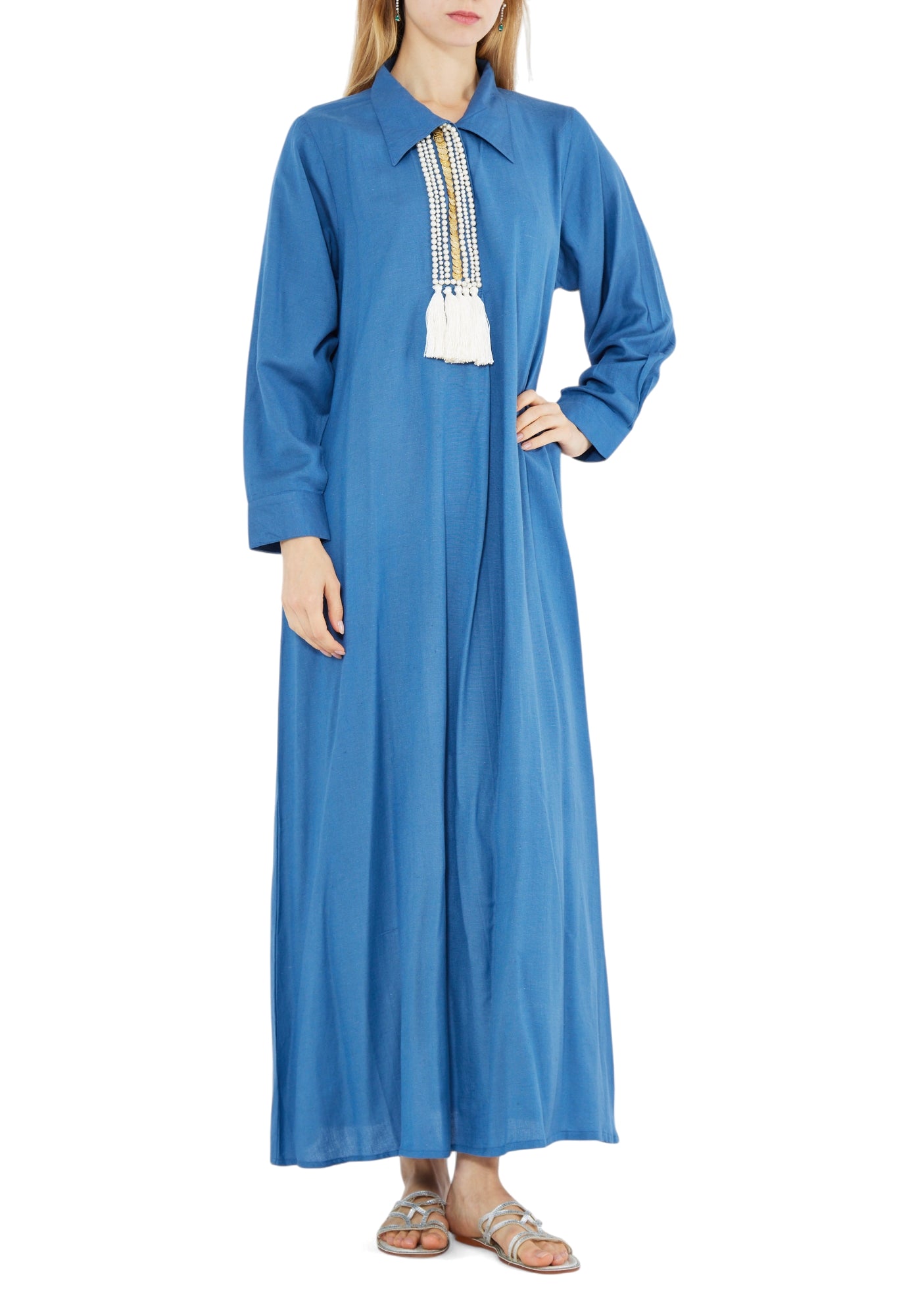 Simple And Elegant Linen Long Dress With Collared Neckline And Long Sleeves