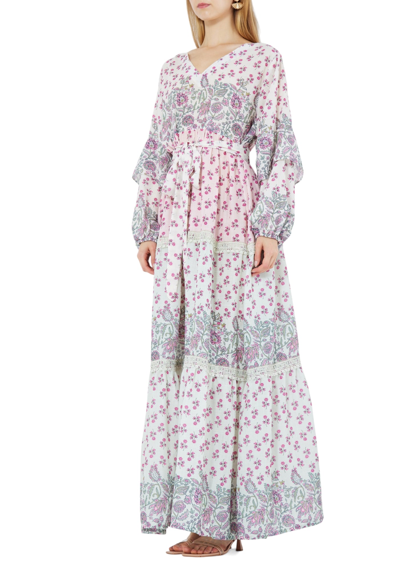 Beautiful Printed Long Frilled Dress With V-Neckline And Long Sleeves