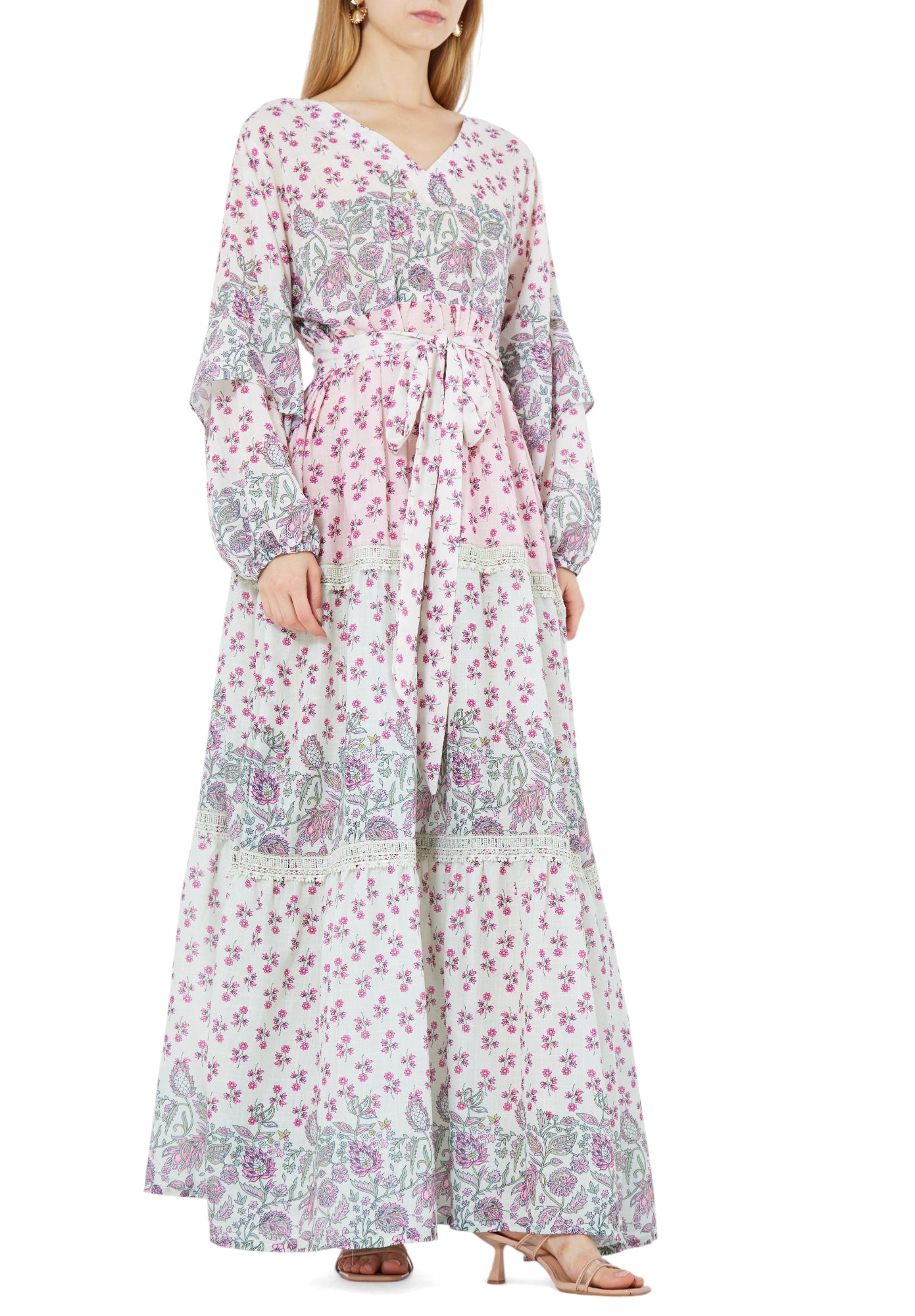 Beautiful Printed Long Frilled Dress With V-Neckline And Long Sleeves