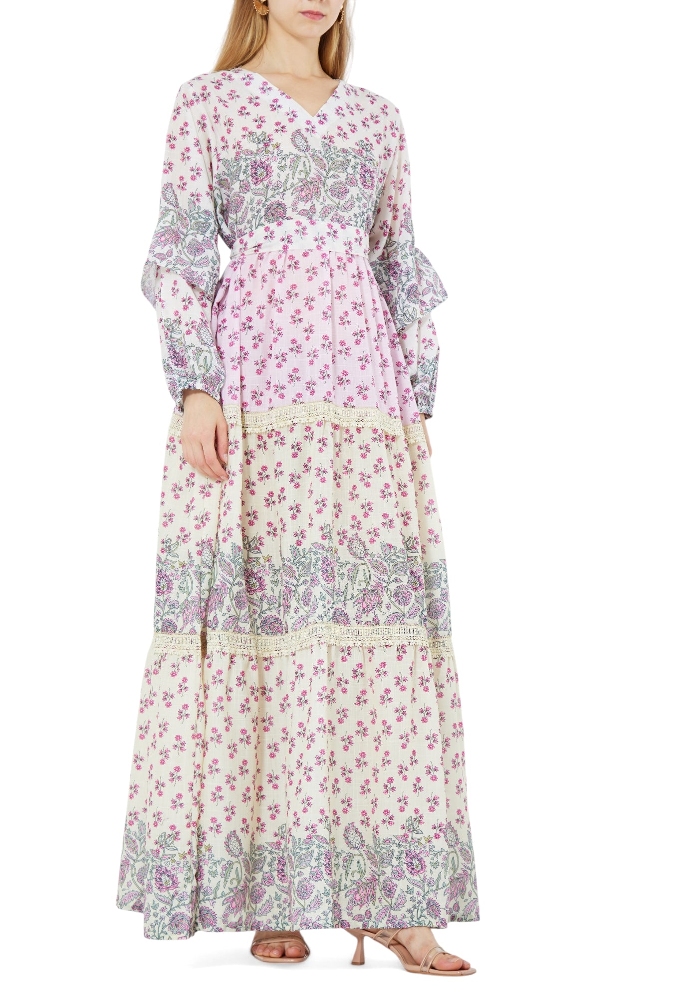 Beautiful Printed Long Frilled Dress With V-Neckline And Long Sleeves