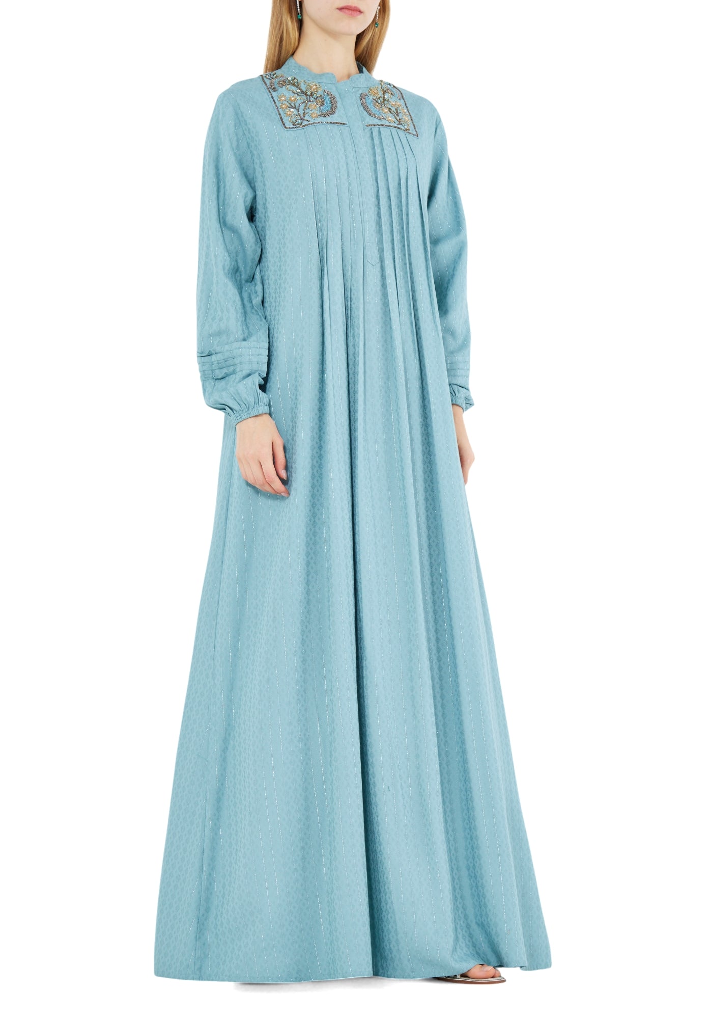 Beautiful Embroidered Pleat Detailed Long Dress with Round Neckline And Long Sleeves