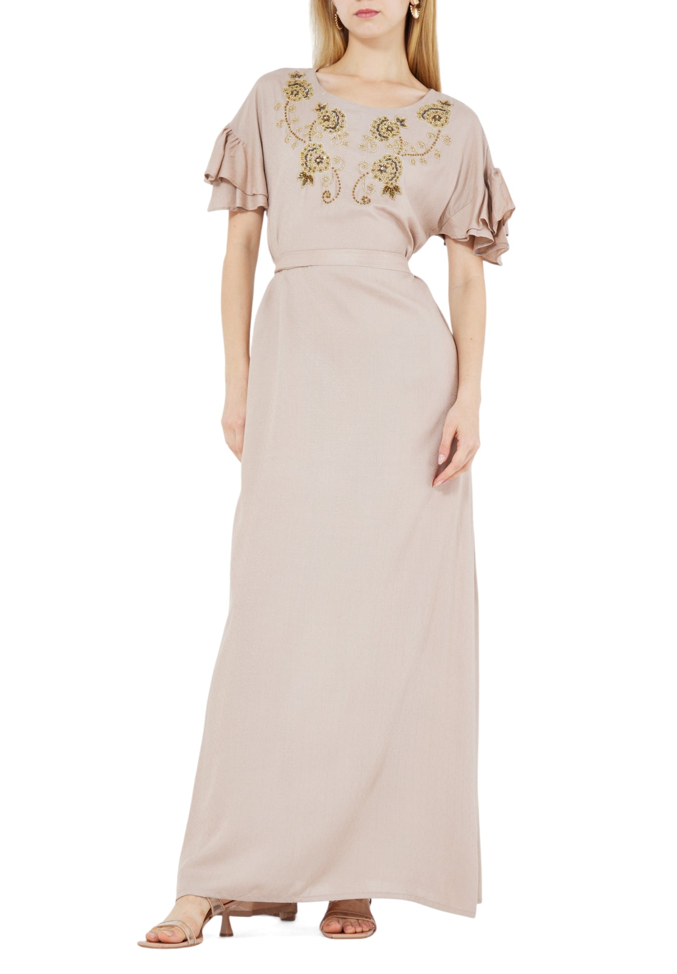 Stunning Embroidered Long Dress With Round Neckline And Ruffle Sleeves