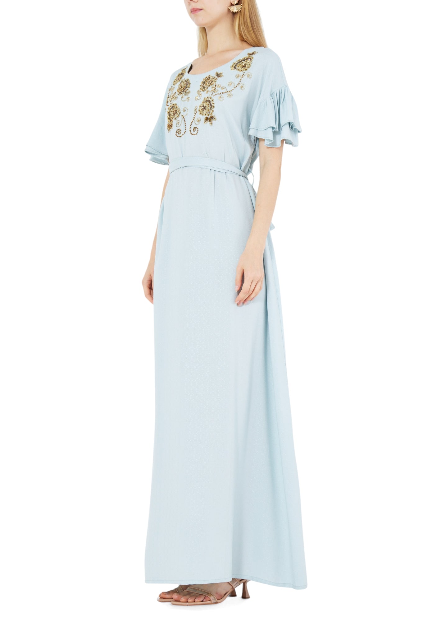 Stunning Embroidered Long Dress With Round Neckline And Ruffle Sleeves