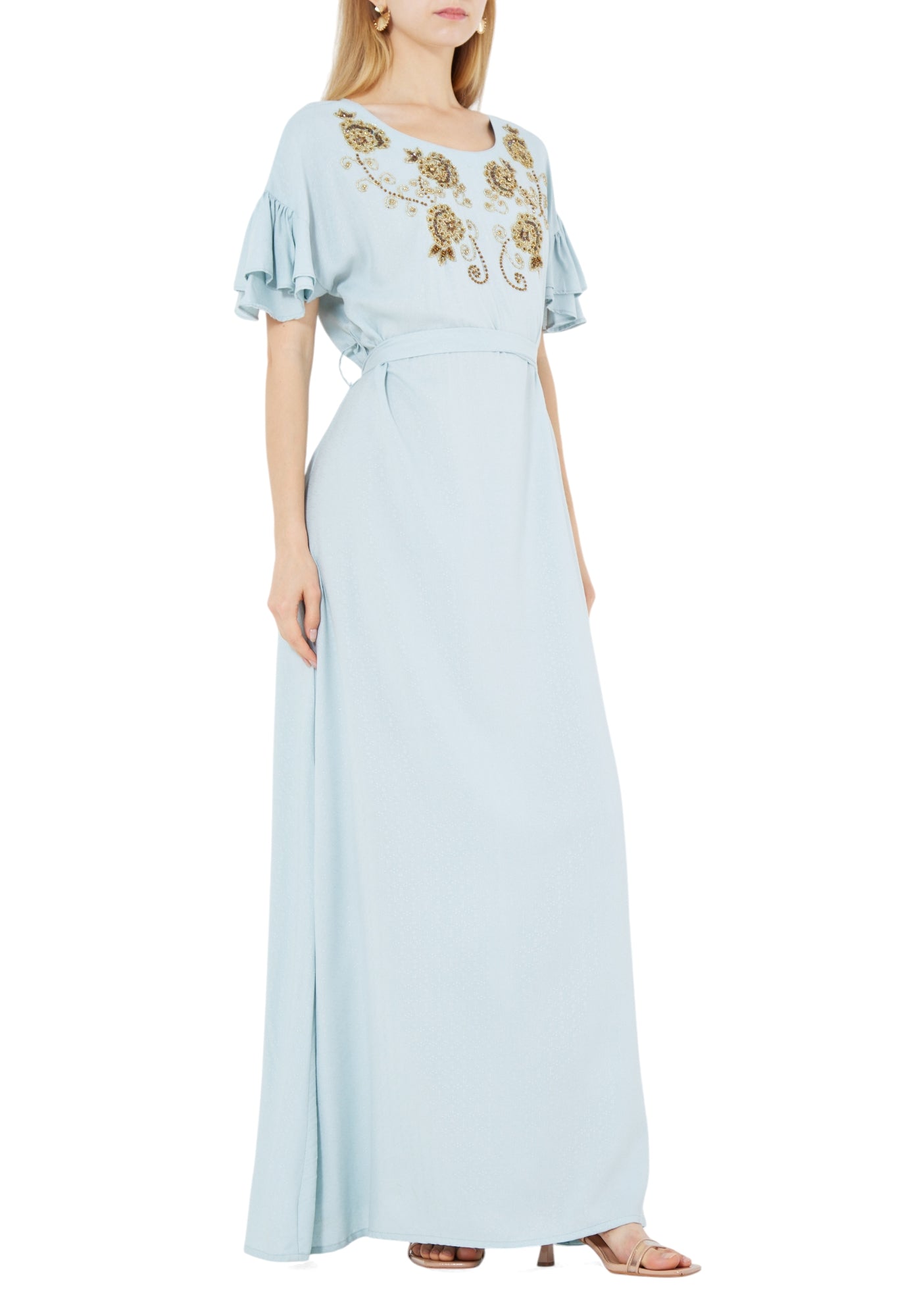 Stunning Embroidered Long Dress With Round Neckline And Ruffle Sleeves
