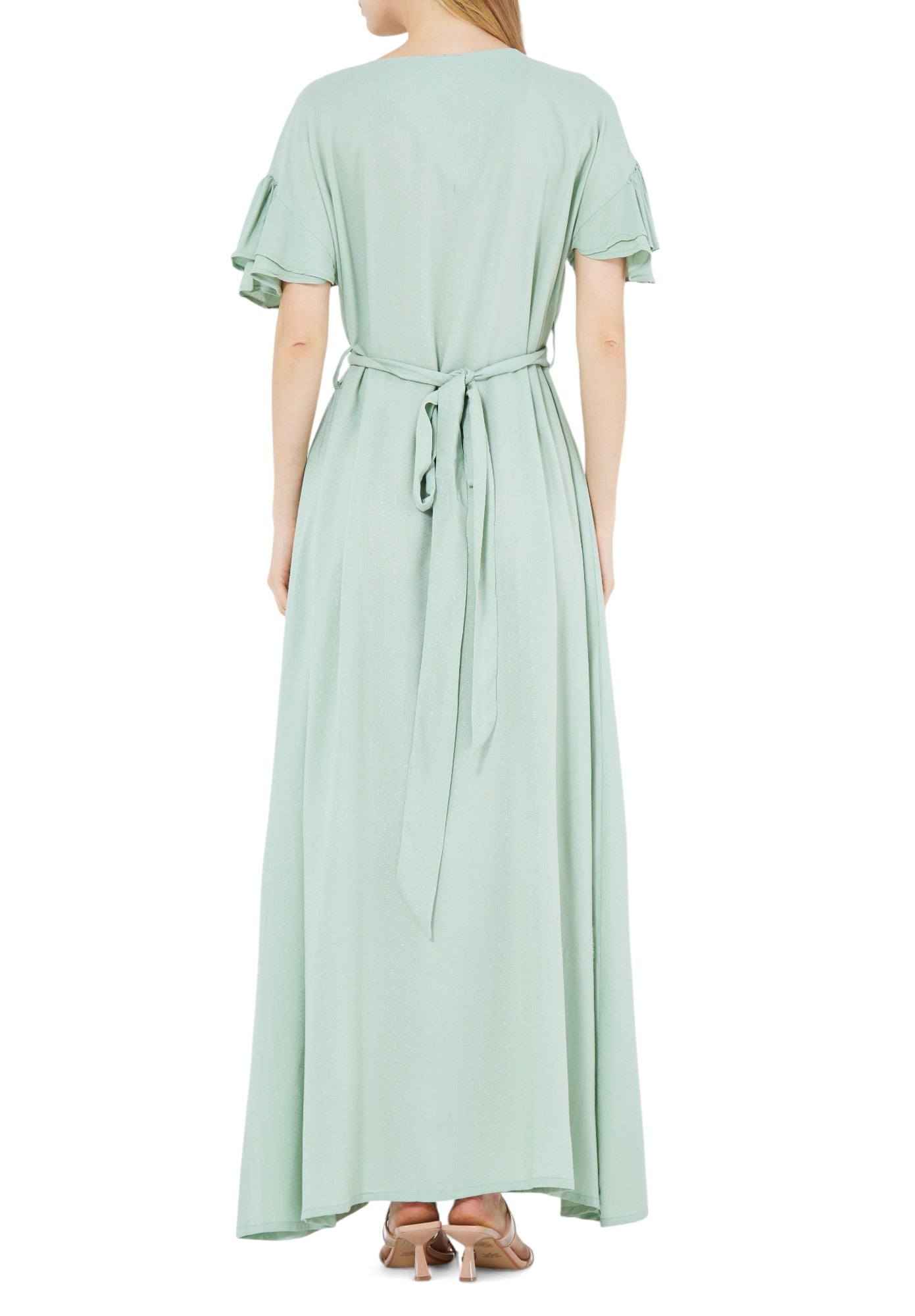 Stunning Embroidered Long Dress With Round Neckline And Ruffle Sleeves