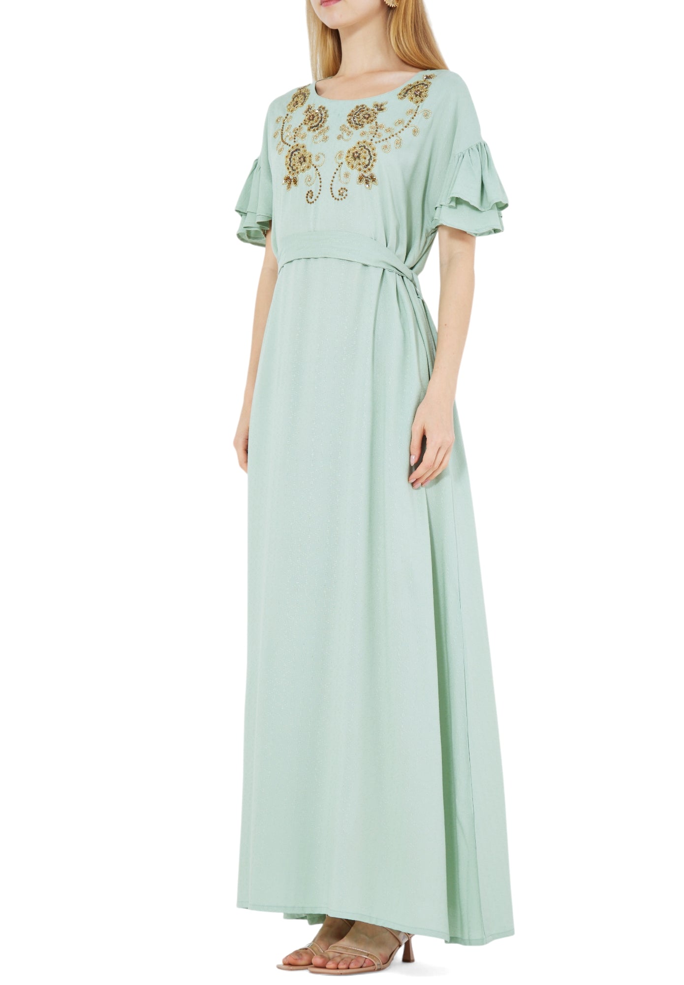 Stunning Embroidered Long Dress With Round Neckline And Ruffle Sleeves