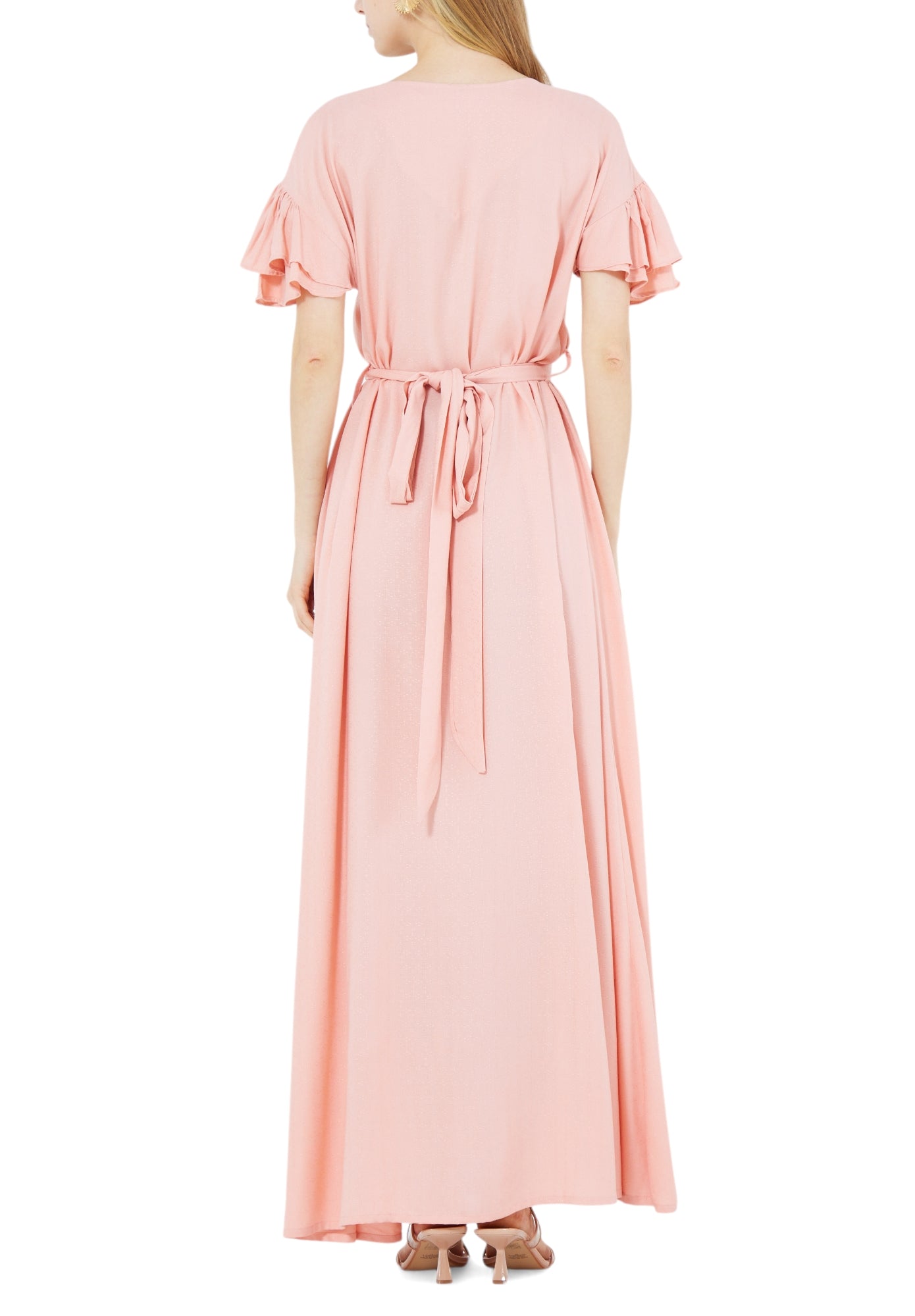 Stunning Embroidered Long Dress With Round Neckline And Ruffle Sleeves