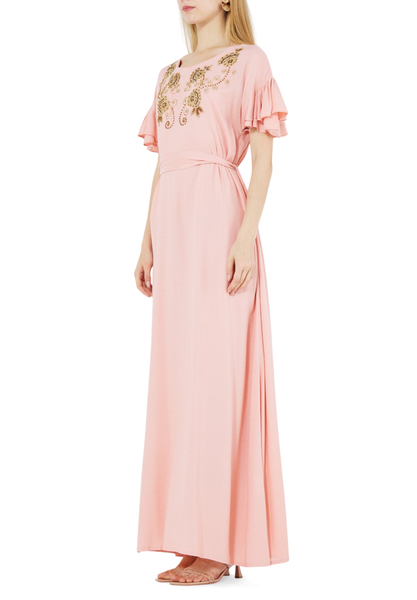 Stunning Embroidered Long Dress With Round Neckline And Ruffle Sleeves
