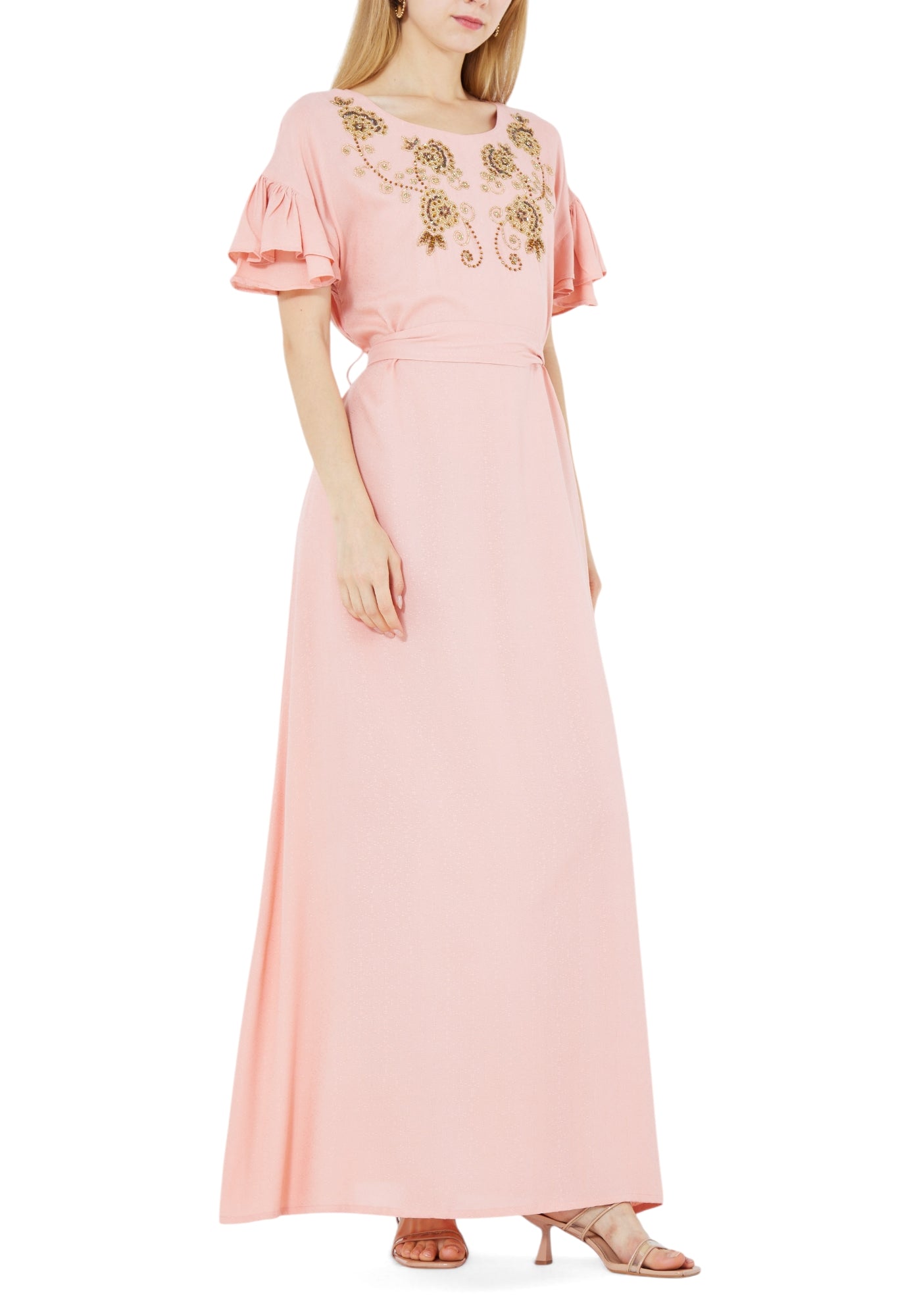 Stunning Embroidered Long Dress With Round Neckline And Ruffle Sleeves