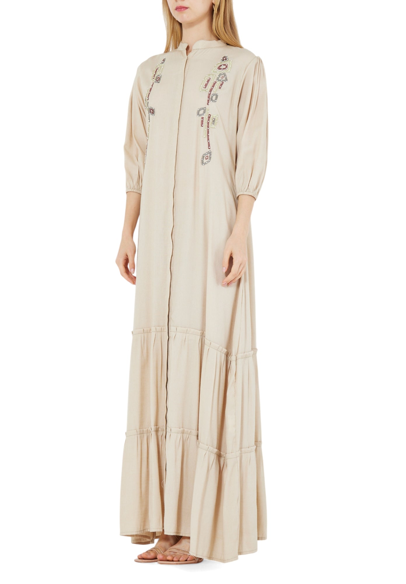 Simple And Elegant Embroidered Frilled Long Dress