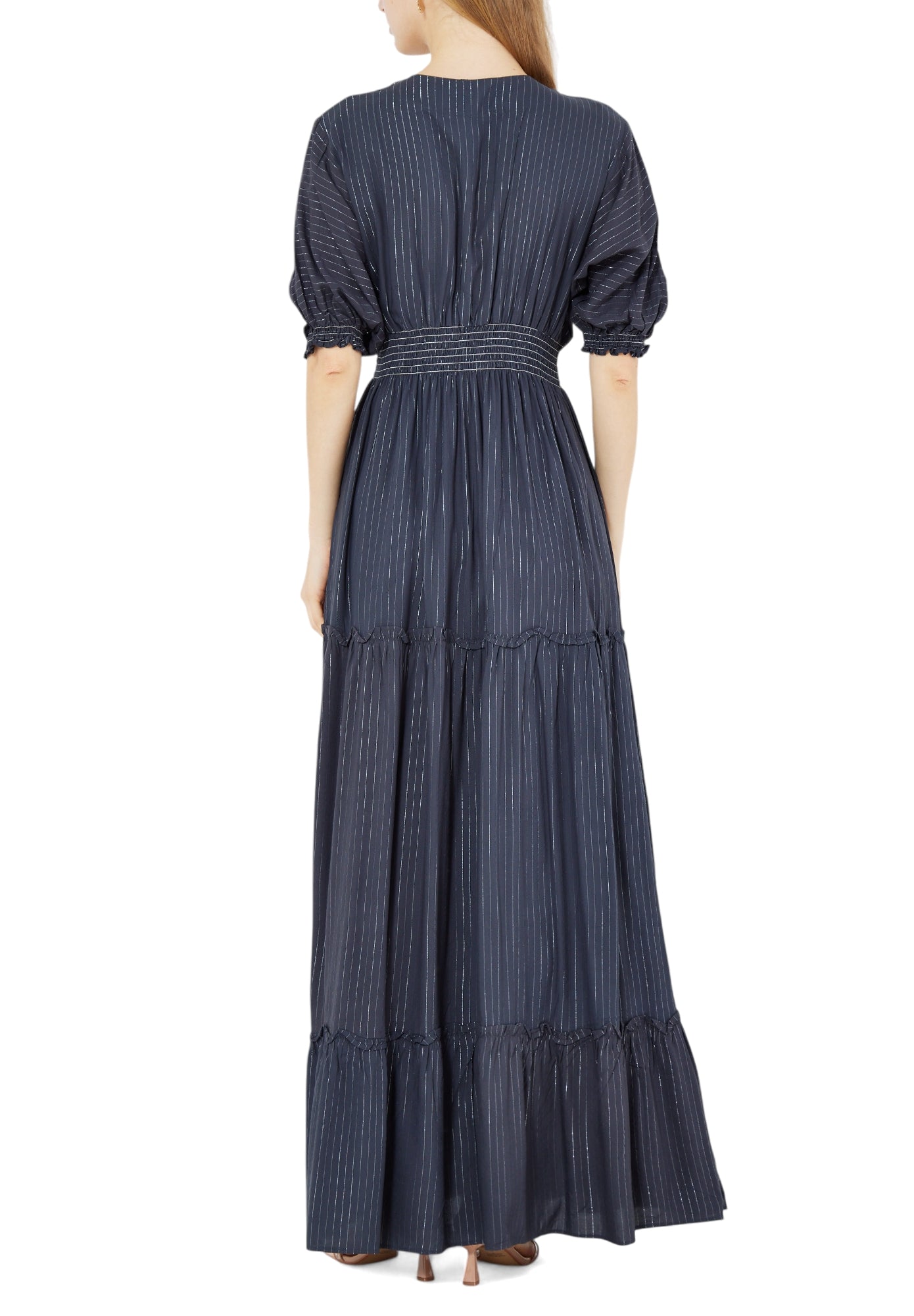 Beautiful Chiffon Wrap Over Long Dress With V-Neckline And Puff Sleeves