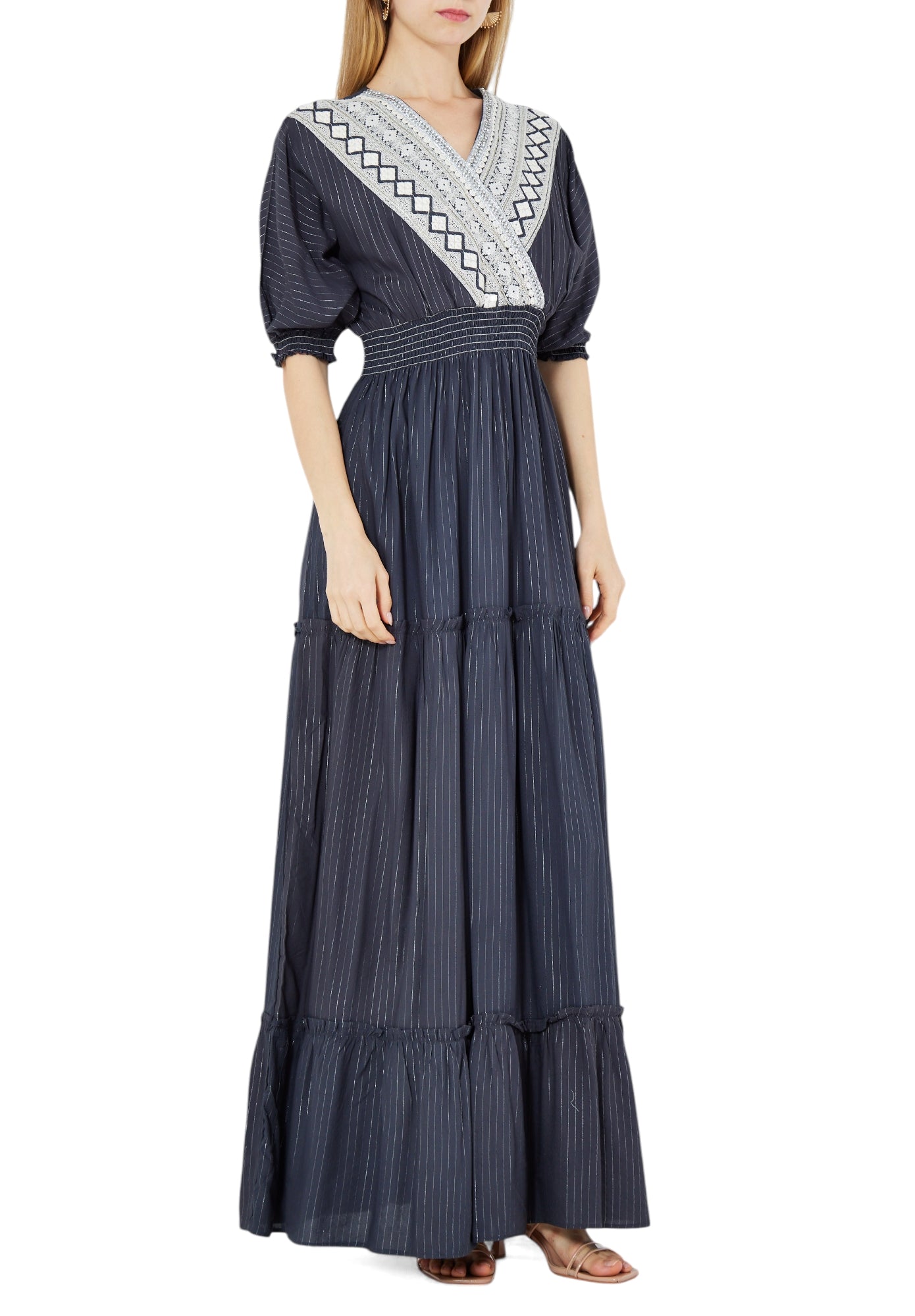 Beautiful Chiffon Wrap Over Long Dress With V-Neckline And Puff Sleeves