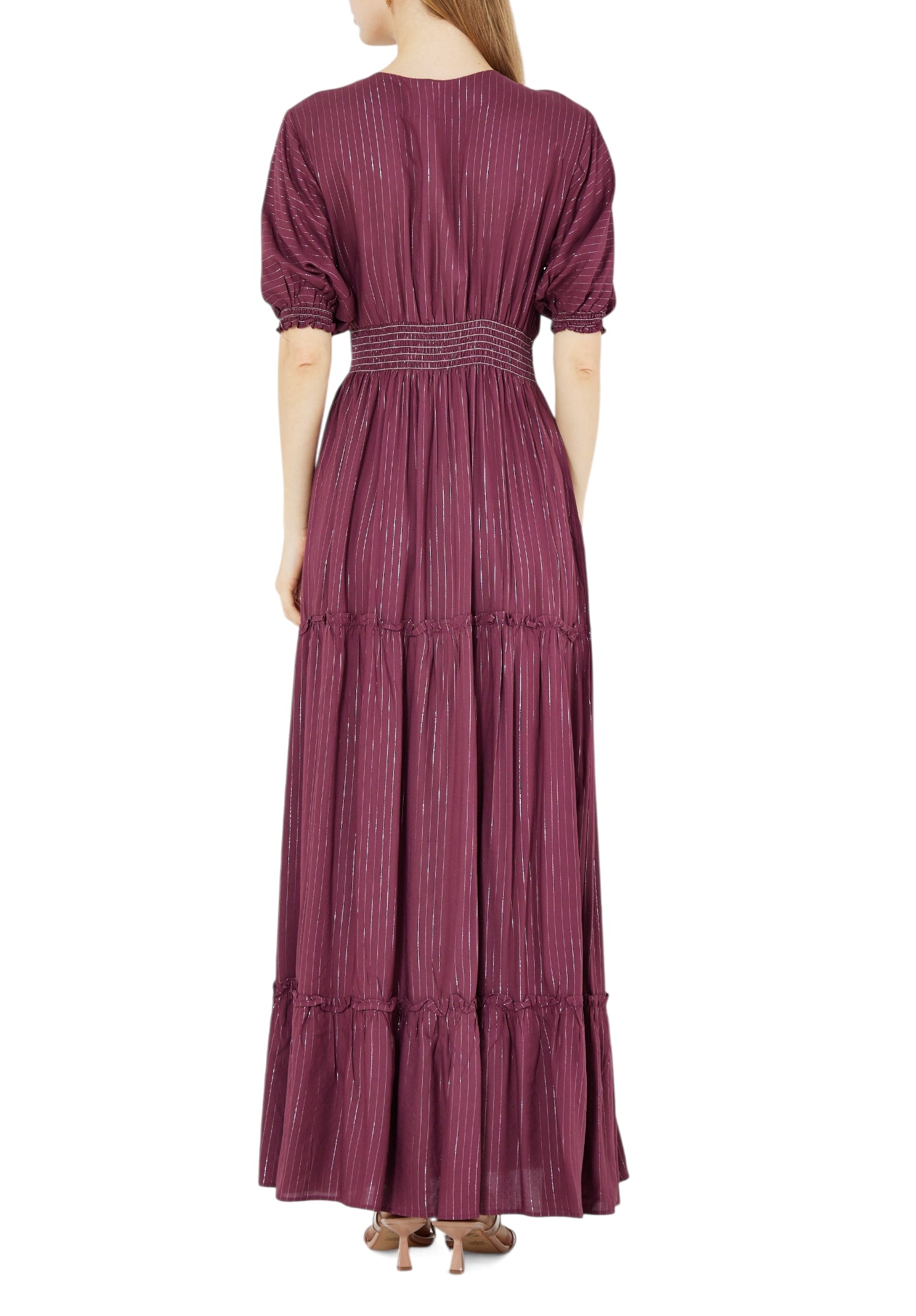 Beautiful Chiffon Wrap Over Long Dress With V-Neckline And Puff Sleeves