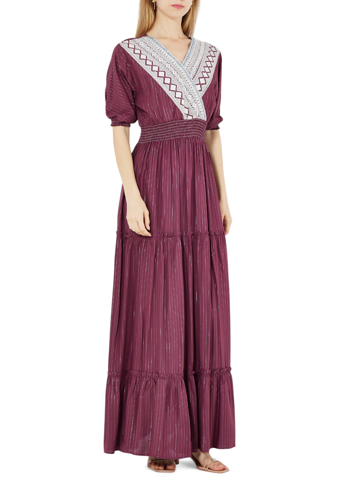 Beautiful Chiffon Wrap Over Long Dress With V-Neckline And Puff Sleeves