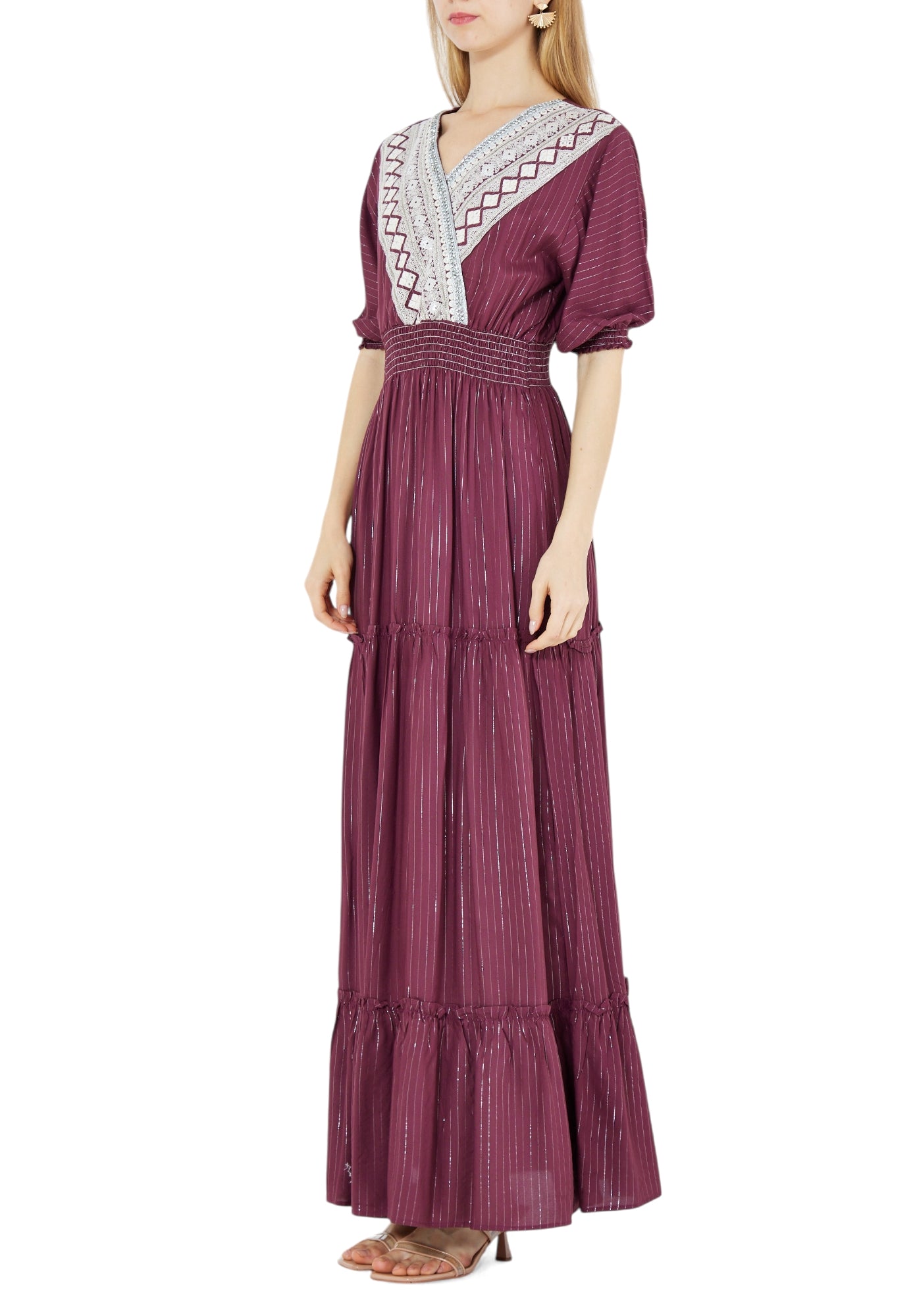 Beautiful Chiffon Wrap Over Long Dress With V-Neckline And Puff Sleeves
