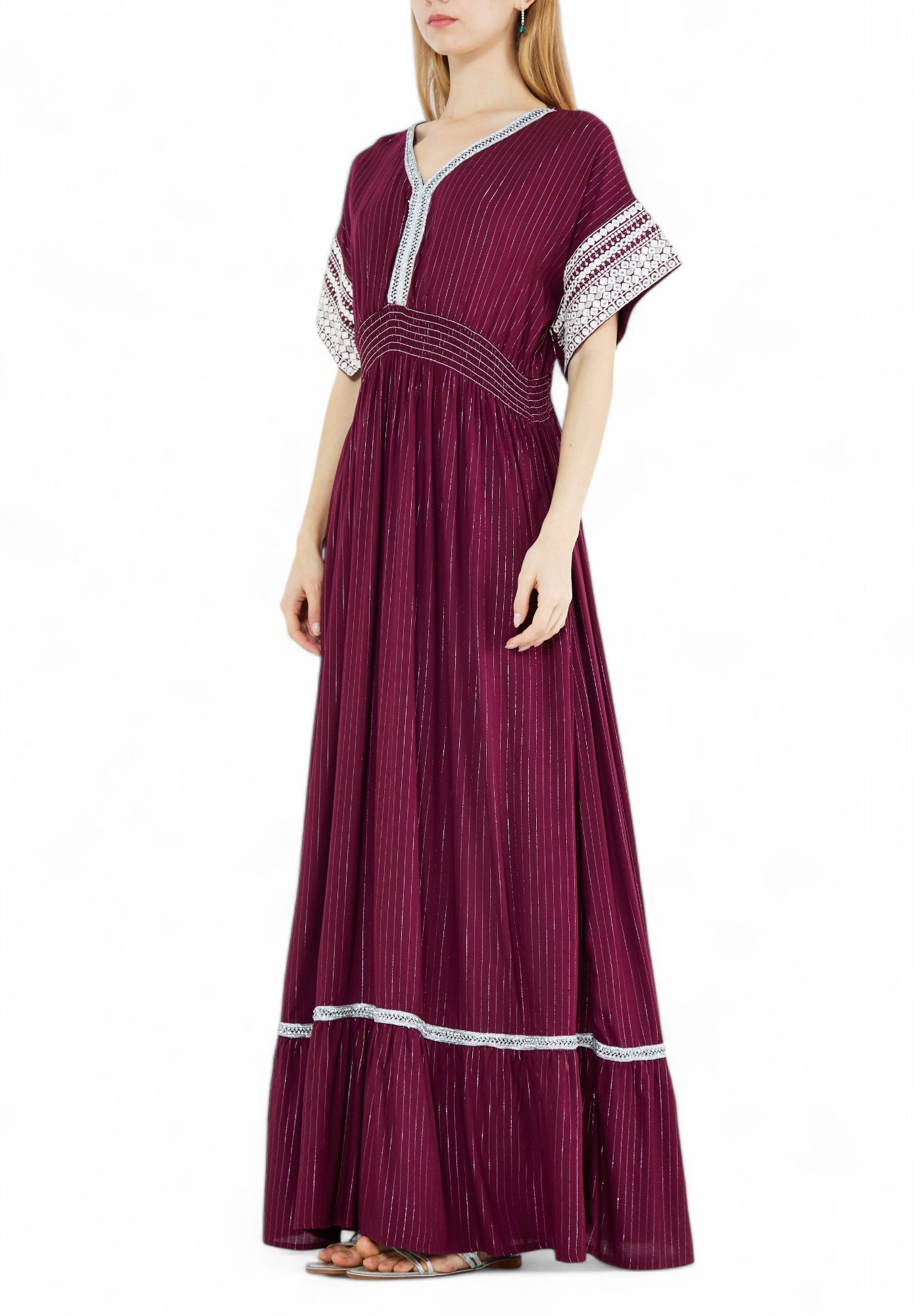 Stunning Chiffon Long Dress With V-Neckline And Half Sleeves