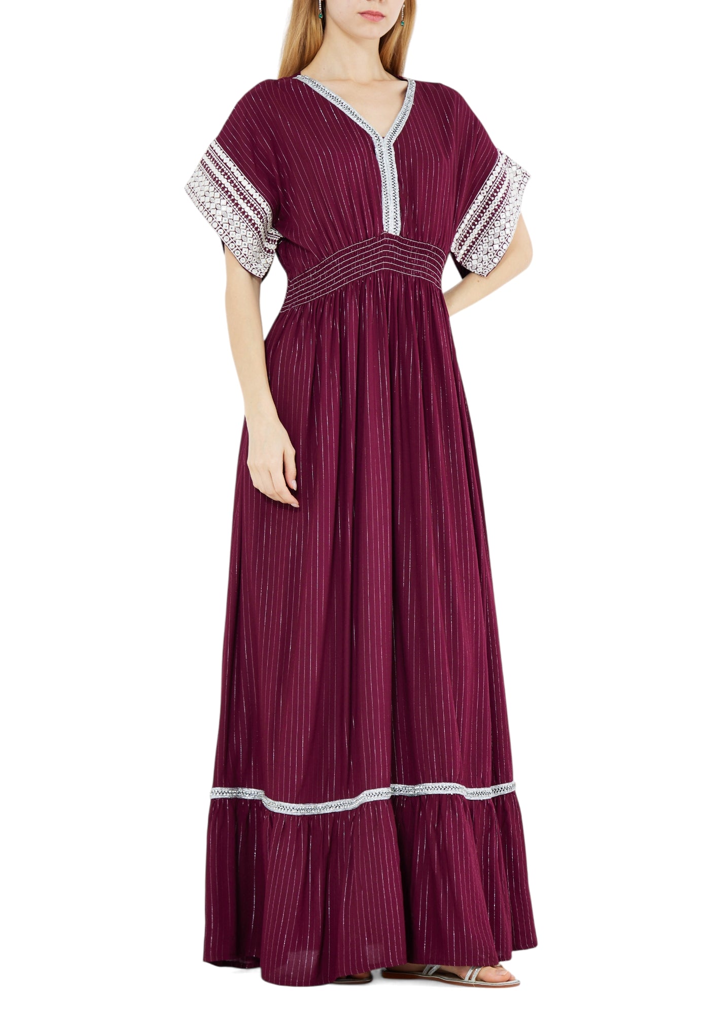 Stunning Chiffon Long Dress With V-Neckline And Half Sleeves